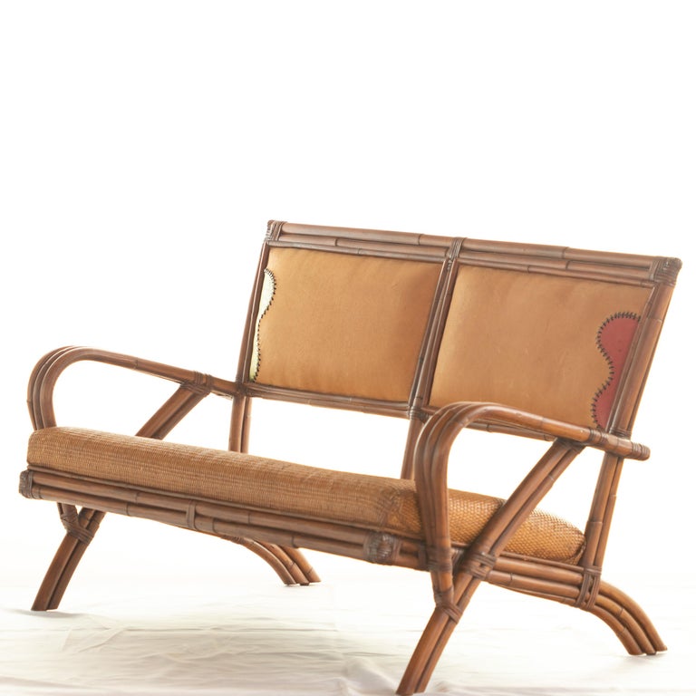 Bamboo Rattan Handmade Ramon Castellano Painted Leather Sofa Kalma Furniture For Sale 2