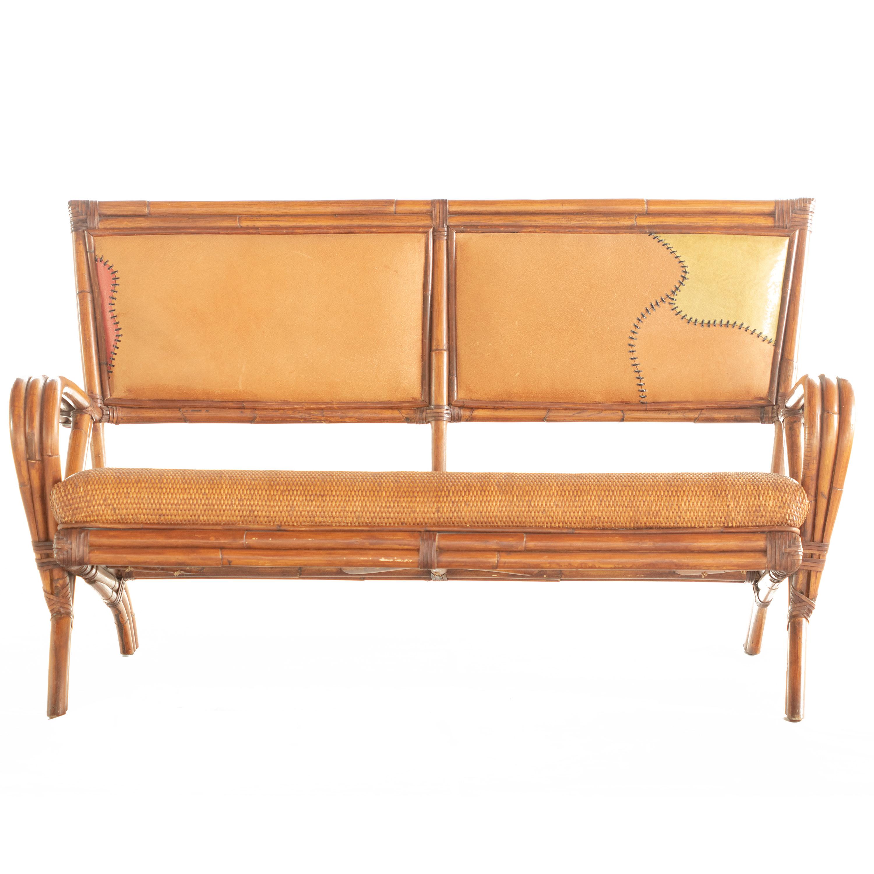 Modern straight sofa (2 seats) designed by Ramon Castellano (spanish designer), stamped for Kalma in Bamboo Wood, 20th Century. Collapsible rattan base reinforced with wrought iron. Chair is framed in rattan and crown is in wood. Bindings in