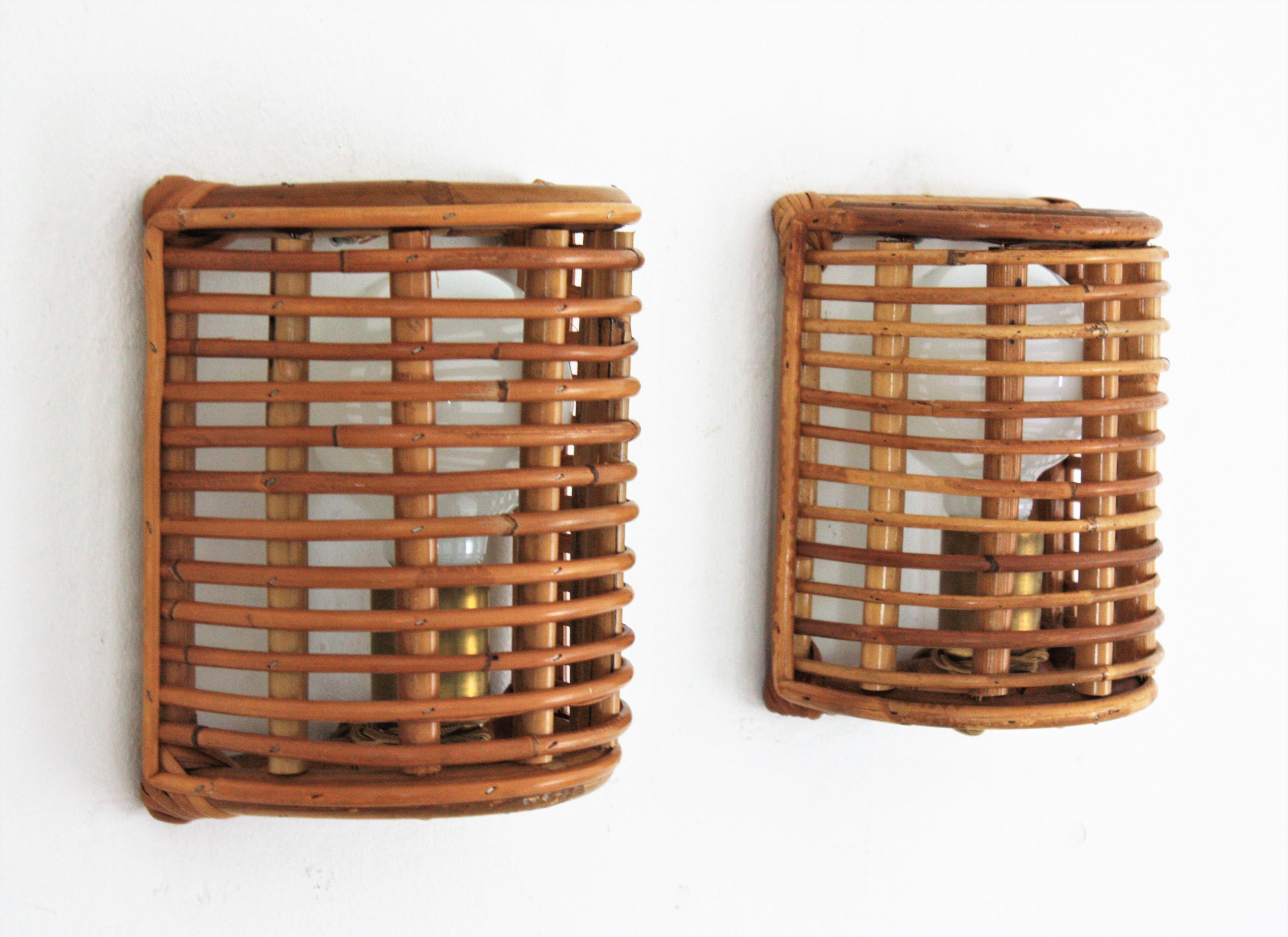 Hand-Crafted Bamboo Rattan Italian Modern Half Cylinder Wall Sconces, Pair