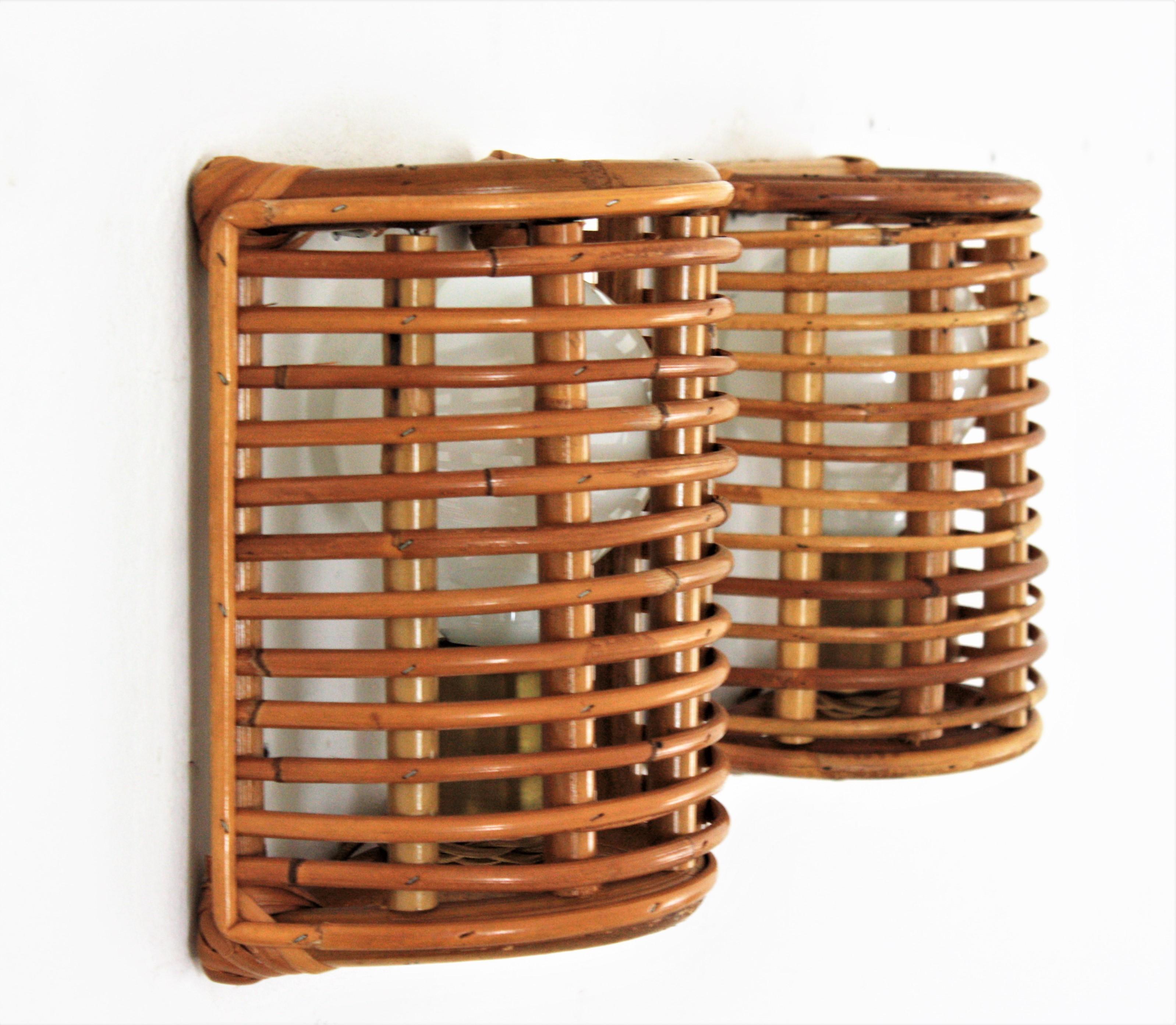 Bamboo Rattan Italian Modern Half Cylinder Wall Sconces, Pair In Good Condition In Barcelona, ES