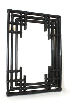 Bamboo Rattan Large Rectangular Mirror with Geometric Black Painted Frame