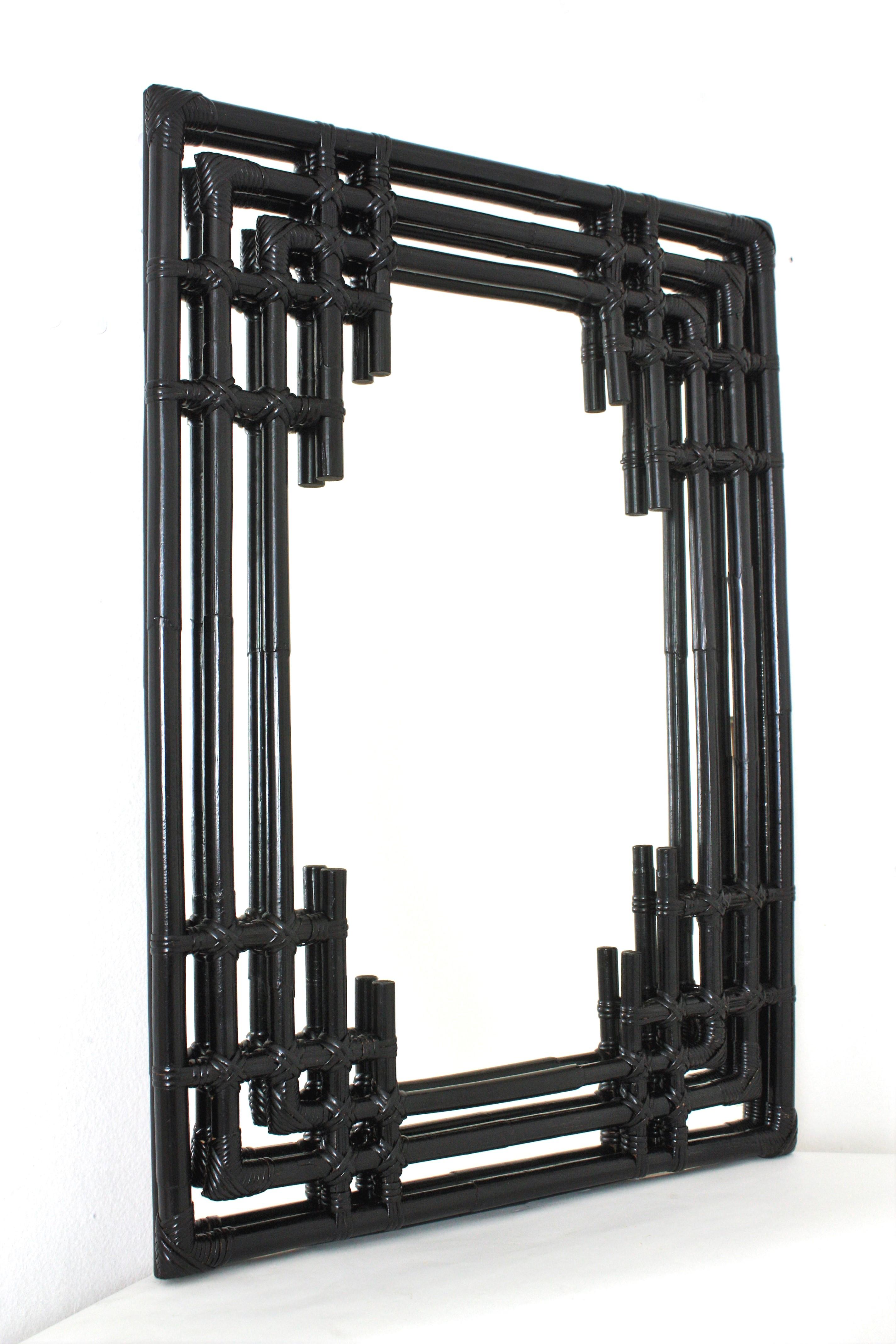 Mid-Century Modern Bamboo Rattan Large Rectangular Mirror with Geometric Black Painted Frame For Sale