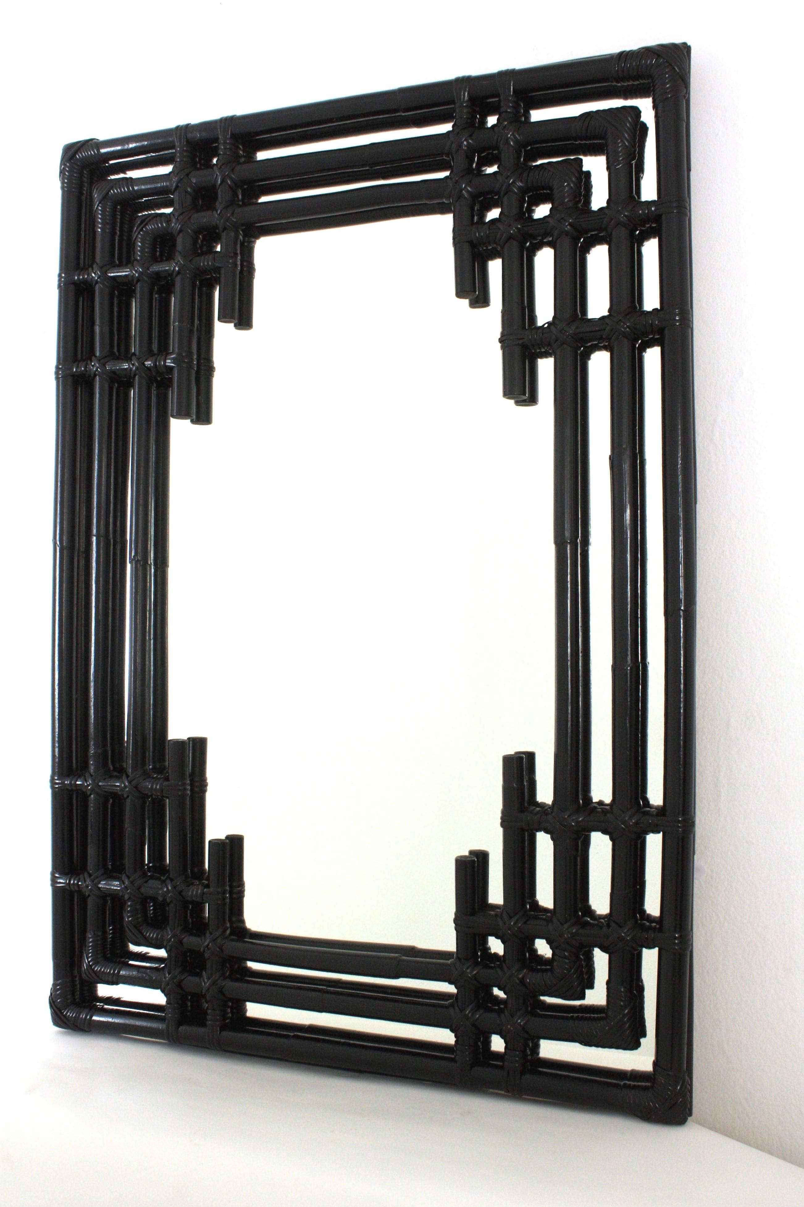 Bamboo Rattan Large Rectangular Mirror with Geometric Black Painted Frame In Good Condition For Sale In Barcelona, ES