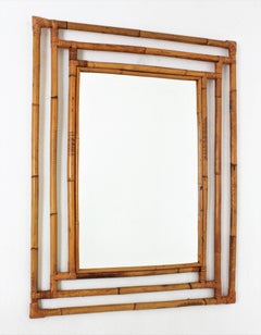 Bamboo Rattan Large Rectangular Mirror with Geometric Frame, 1960s