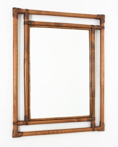 Bamboo Rattan Large Rectangular Mirror with Geometric Frame, 1960s