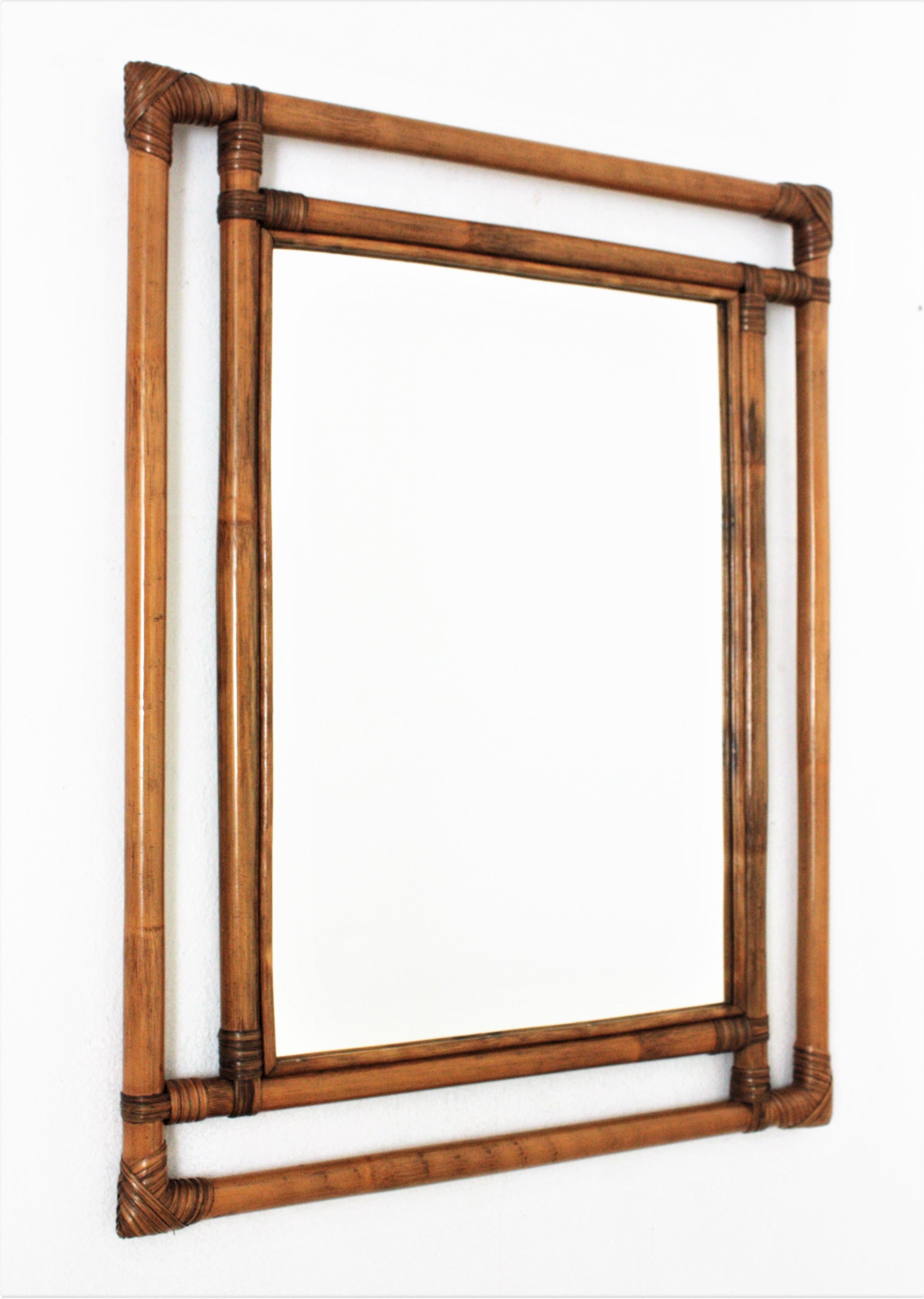 Mid-Century Modern Bamboo Rattan Large Rectangular Mirror with Geometric Frame, 1960s  For Sale