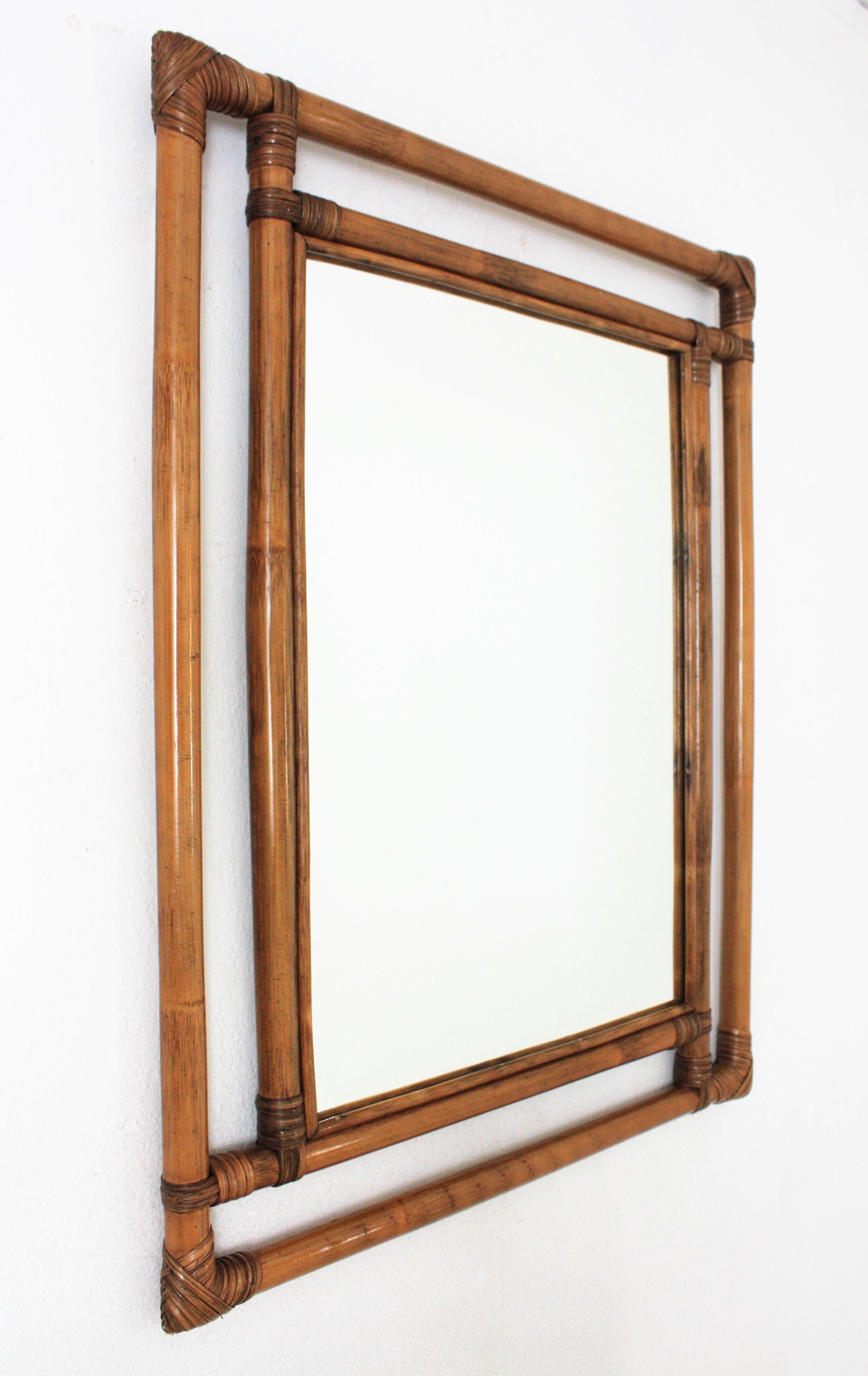 Spanish Bamboo Rattan Large Rectangular Mirror with Geometric Frame, 1960s  For Sale