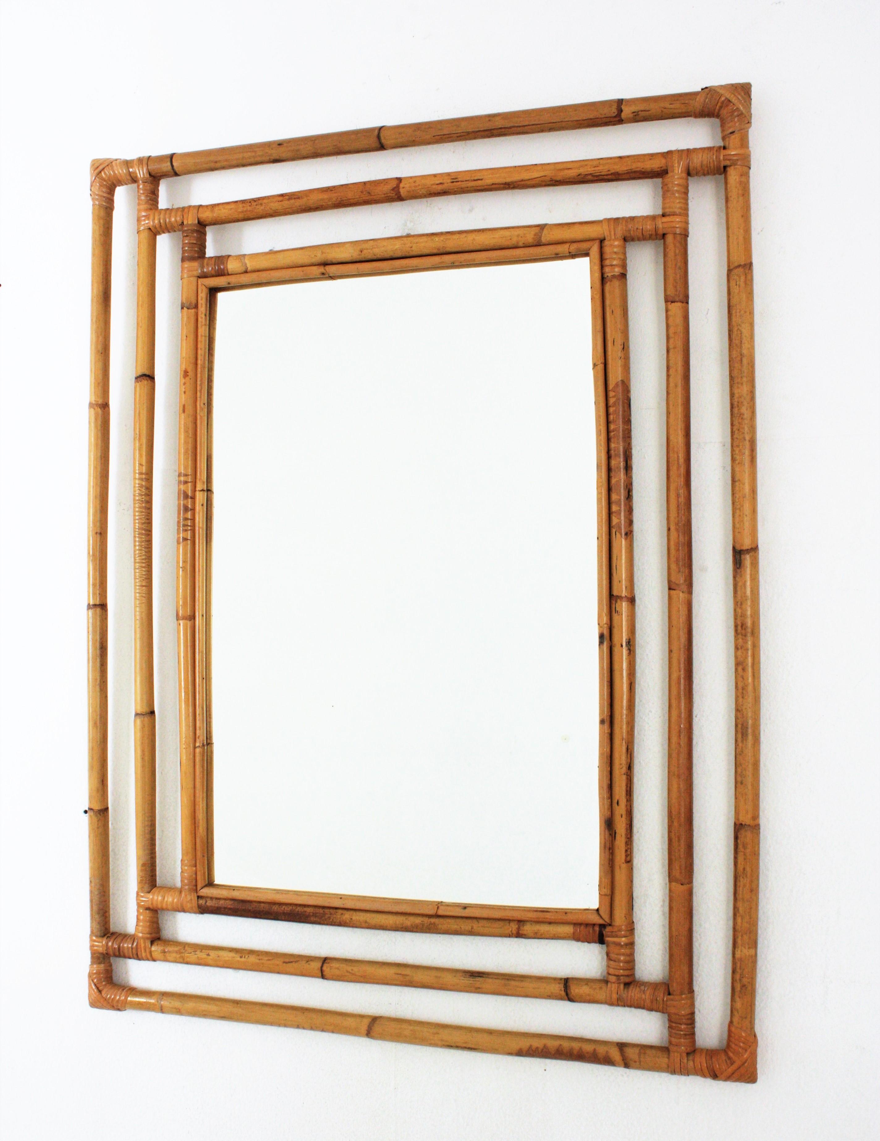 Mid-Century Modern Bamboo Rattan Large Rectangular Mirror with Geometric Frame, 1960s