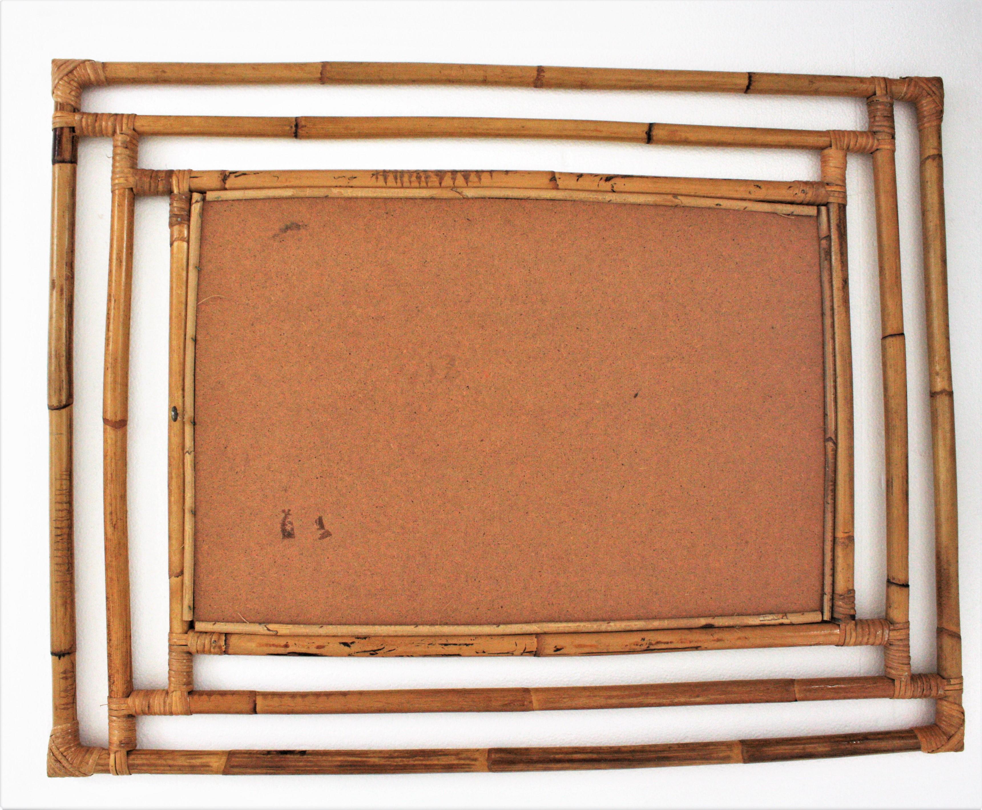 Bamboo Rattan Large Rectangular Mirror with Geometric Frame, 1960s In Good Condition In Barcelona, ES