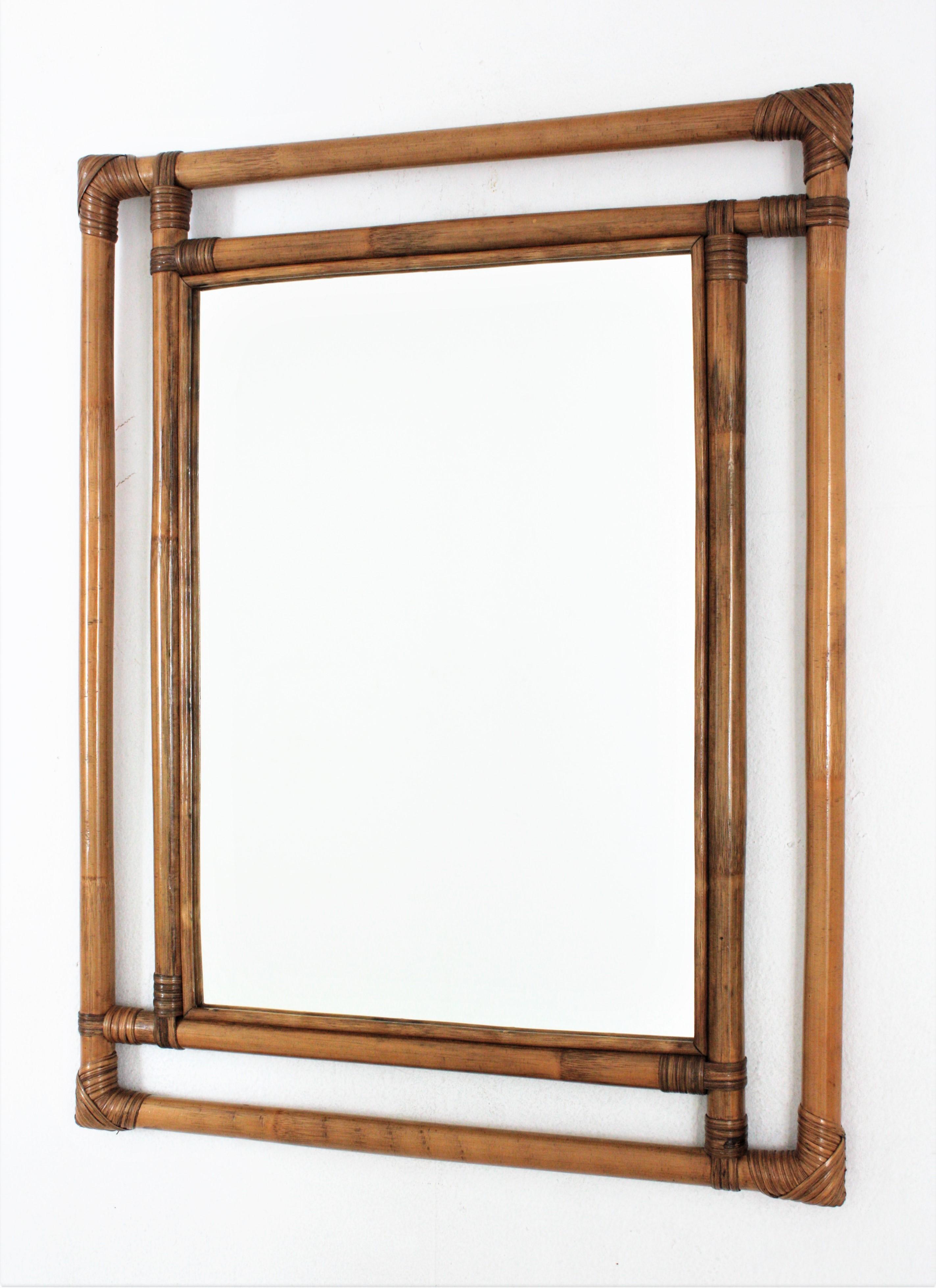 Bamboo Rattan Large Rectangular Mirror with Geometric Frame, 1960s  For Sale 3