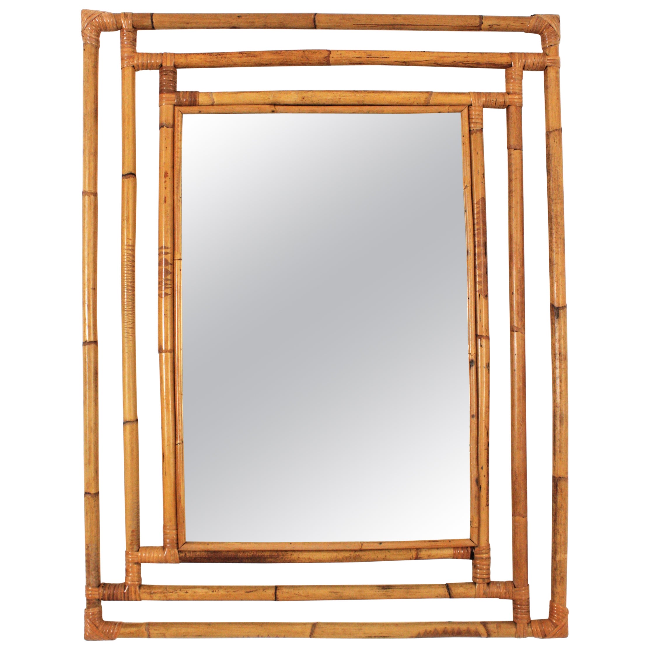 Bamboo Rattan Large Rectangular Mirror with Geometric Frame, 1960s