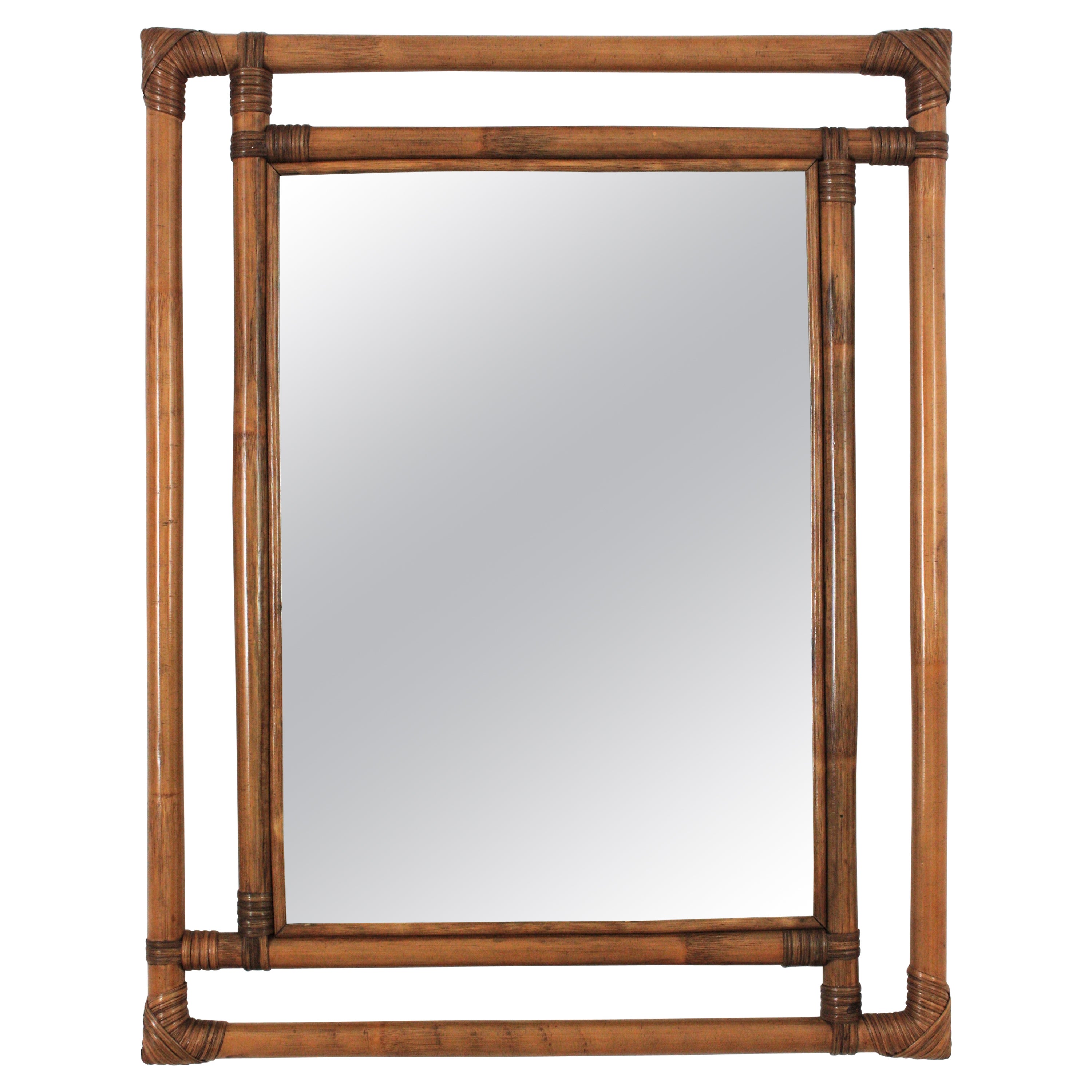 Bamboo Rattan Large Rectangular Mirror with Geometric Frame, 1960s