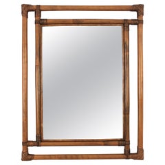 Bamboo Rattan Large Rectangular Mirror with Geometric Frame, 1960s
