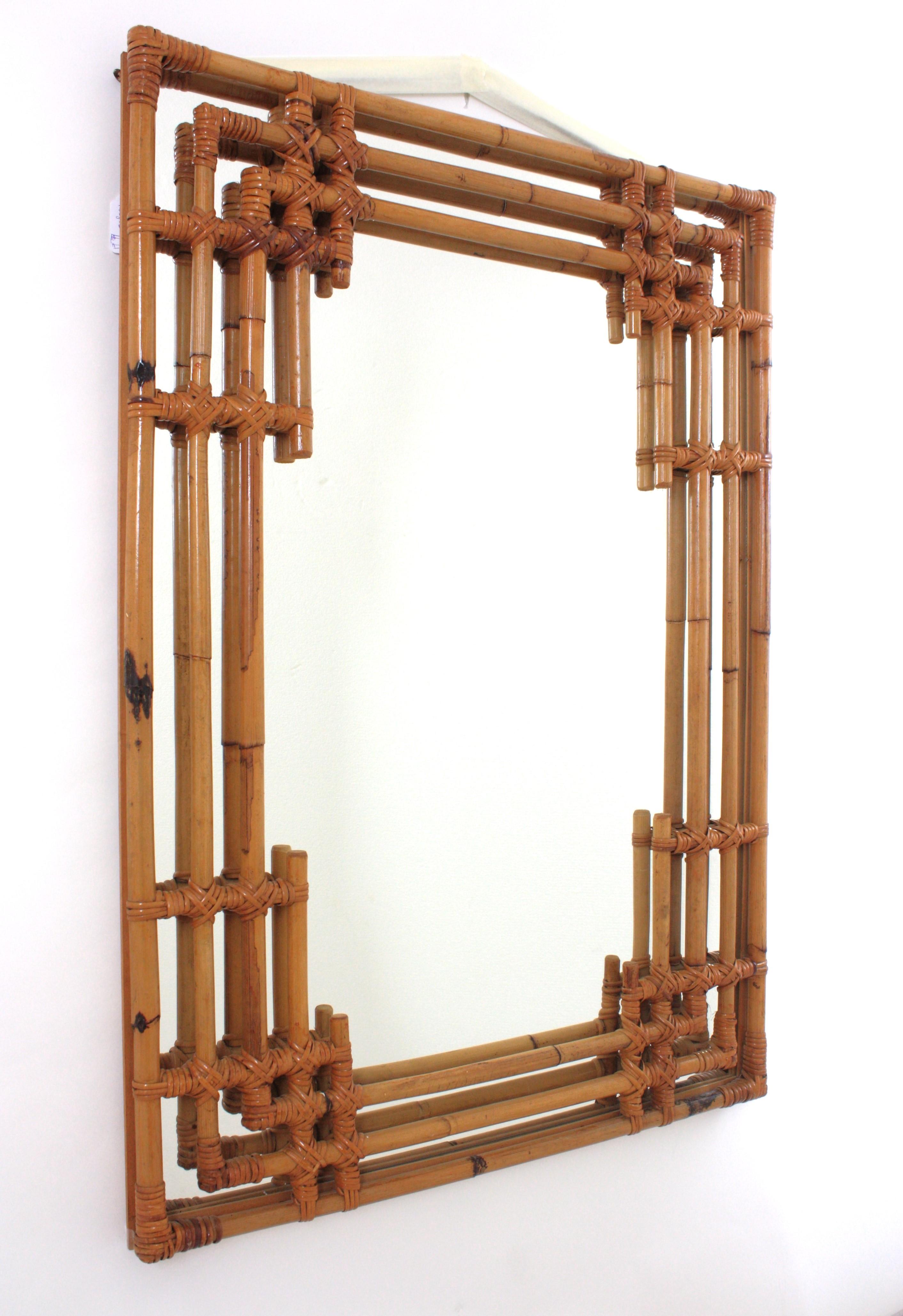 Mid-Century Modern Bamboo Rattan Large Rectangular Mirror with Geometric Frame For Sale