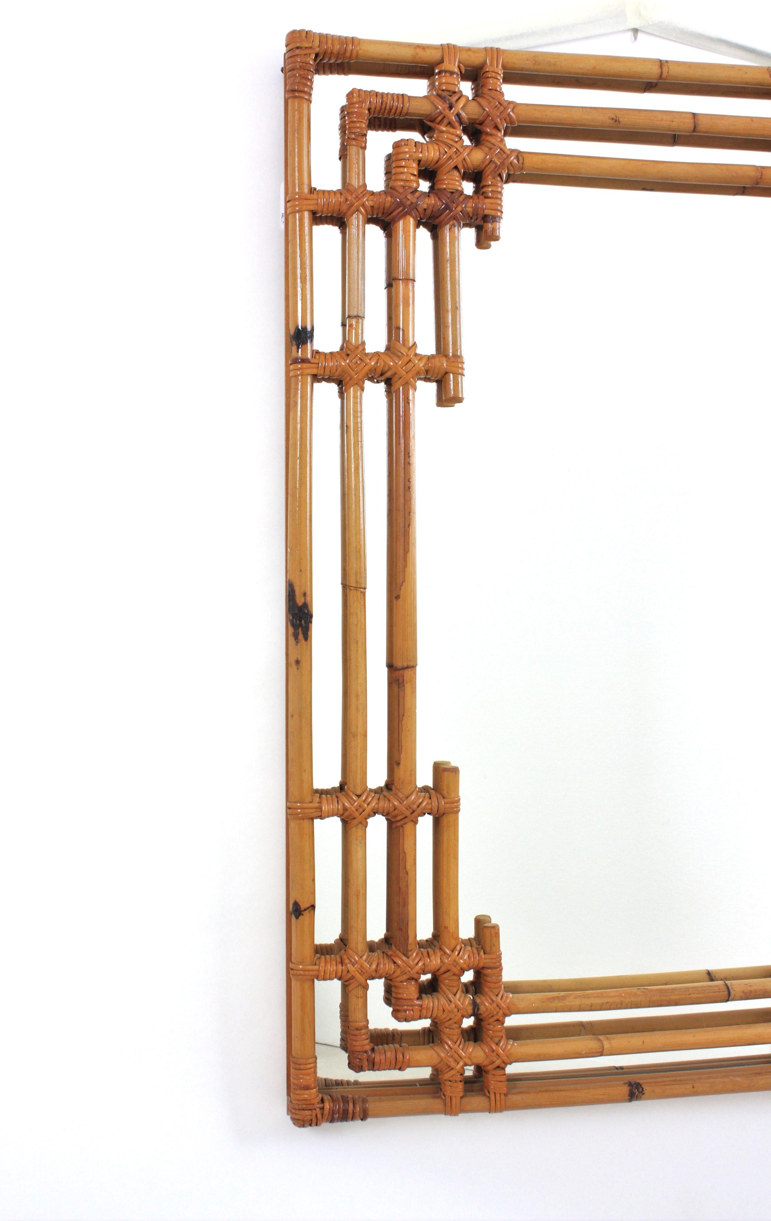 Spanish Bamboo Rattan Large Rectangular Mirror with Geometric Frame For Sale