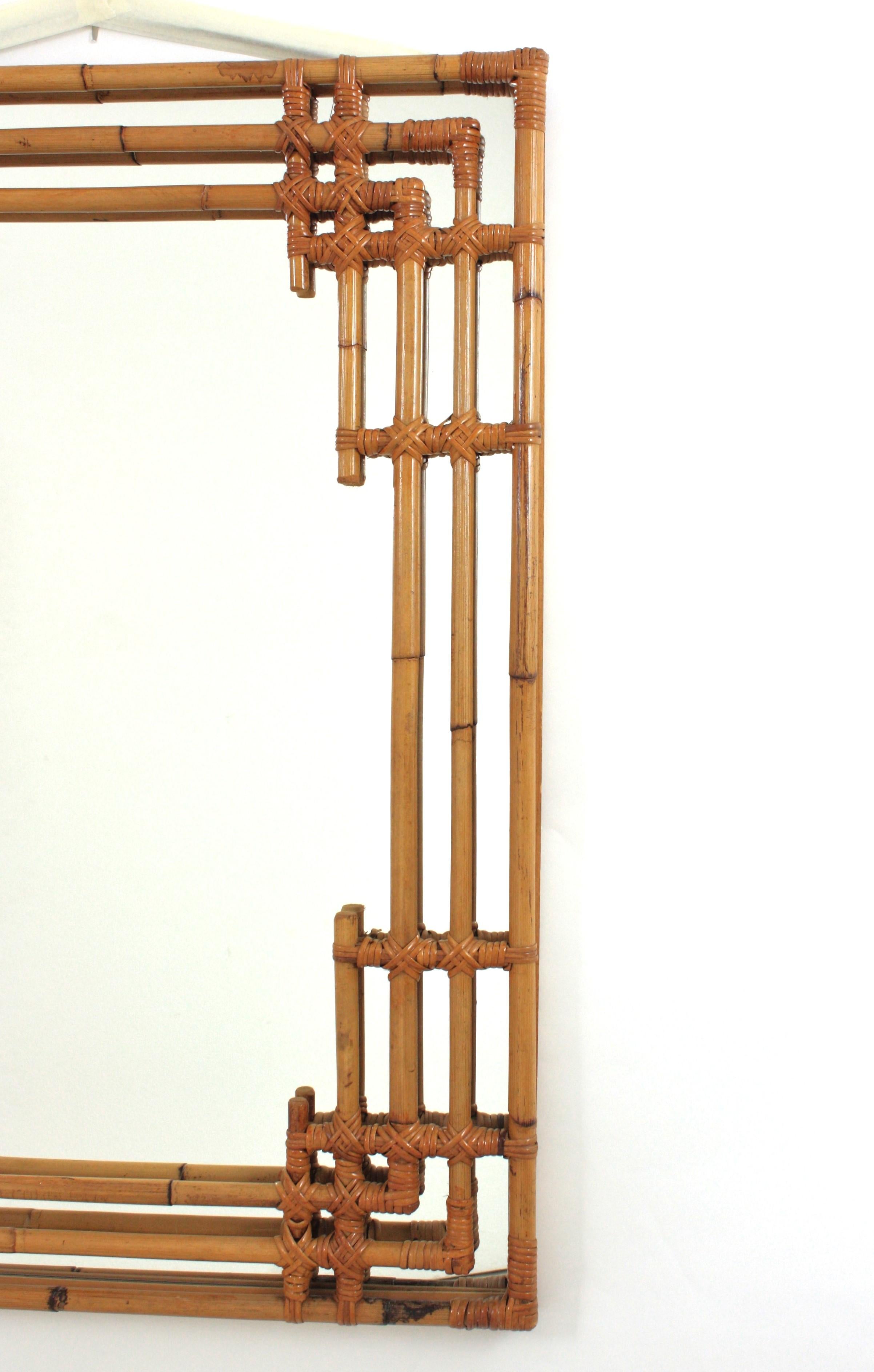 20th Century Bamboo Rattan Large Rectangular Mirror with Geometric Frame For Sale