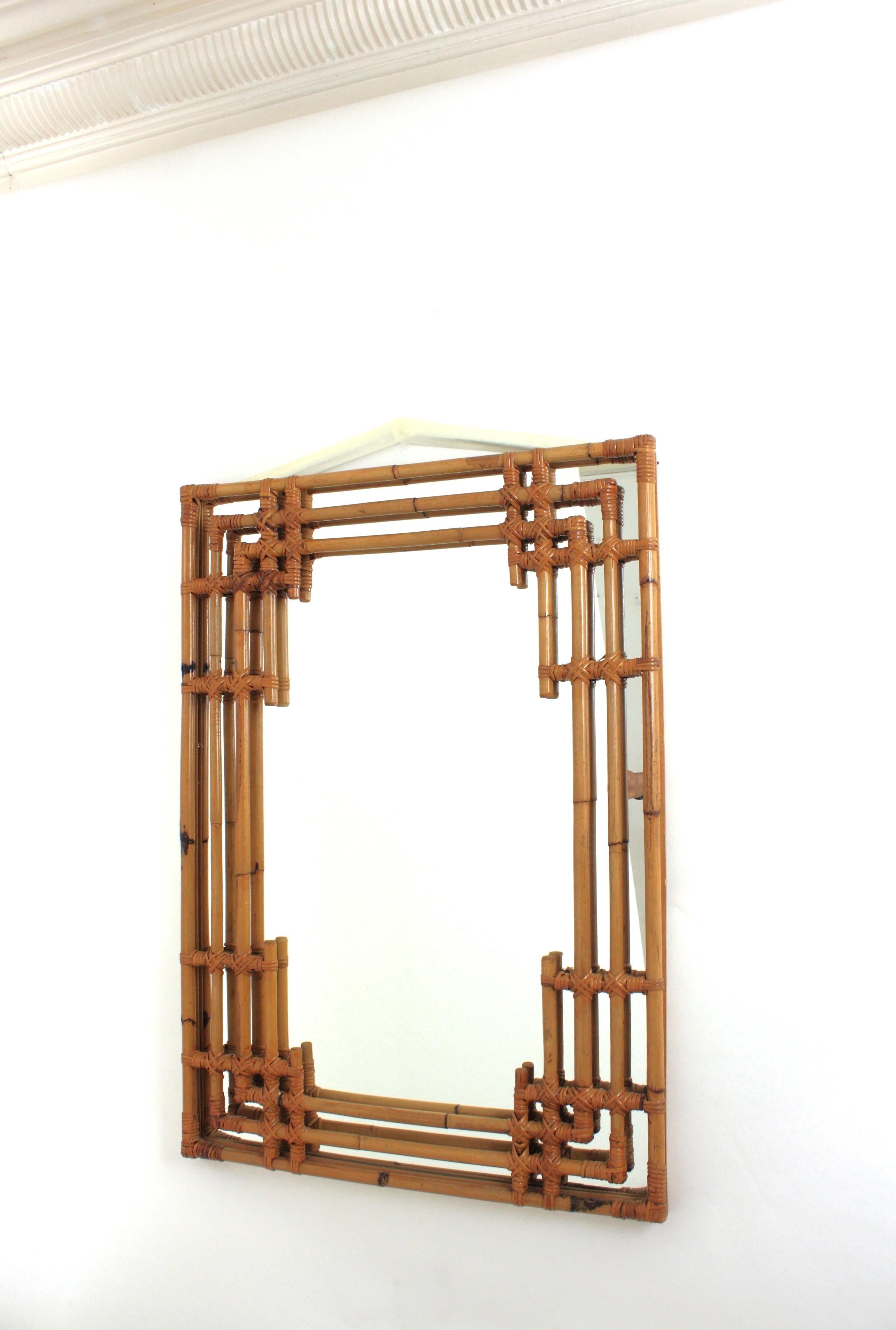 Bamboo Rattan Large Rectangular Mirror with Geometric Frame For Sale 1