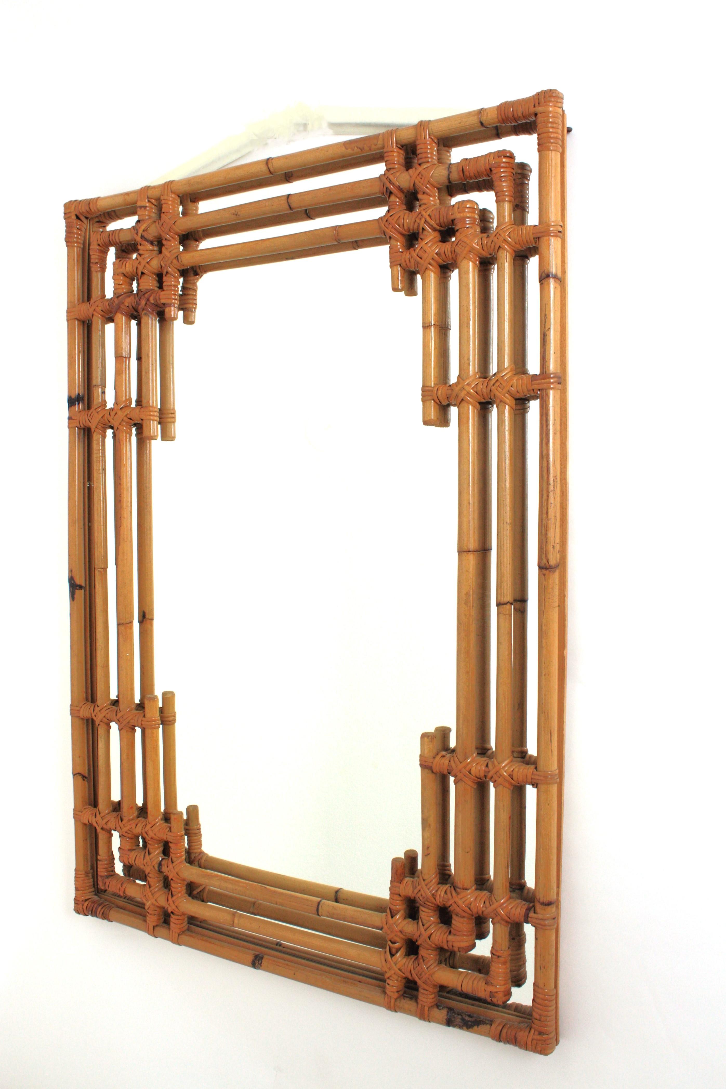 Bamboo Rattan Large Rectangular Mirror with Geometric Frame For Sale 2