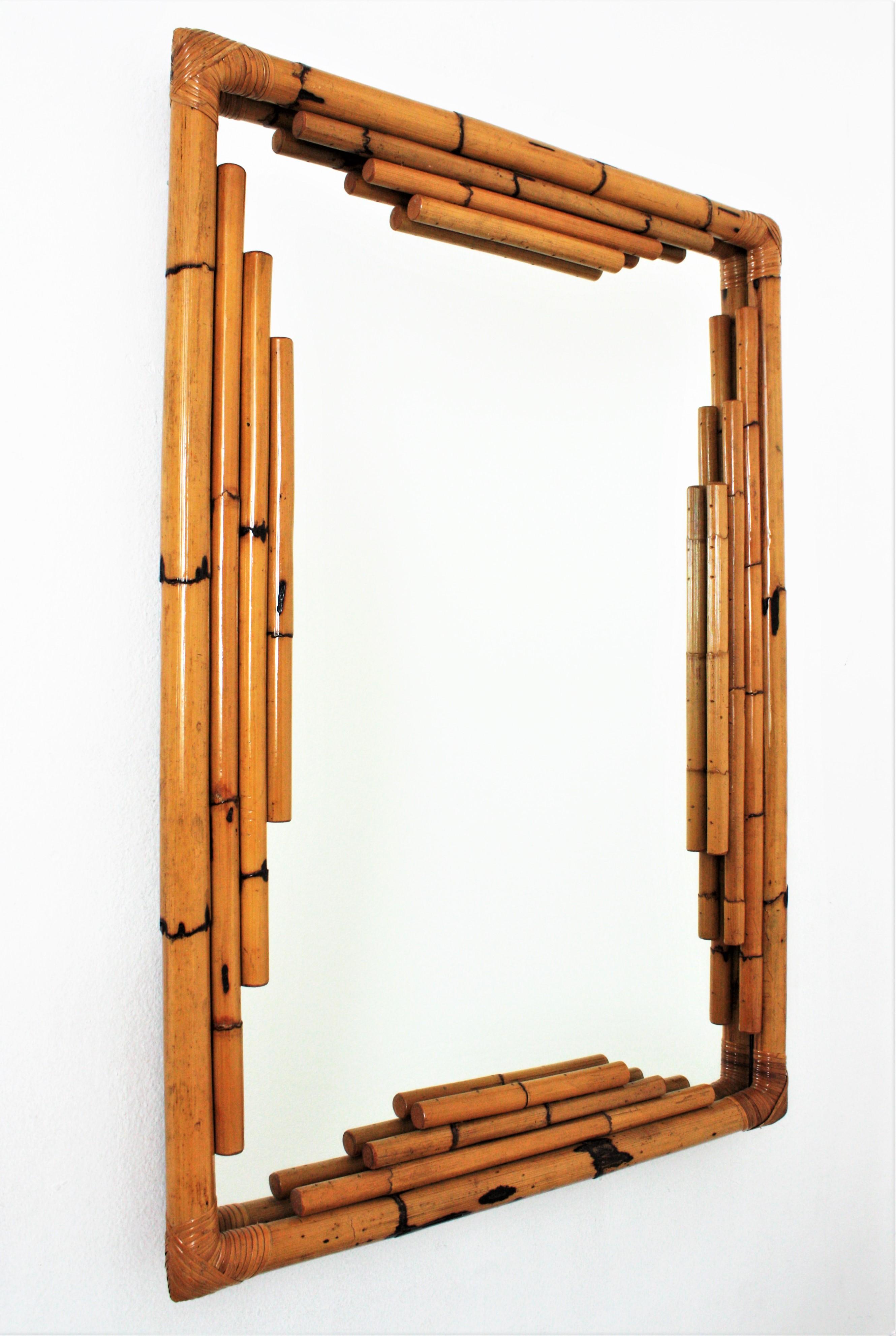 Mid-Century Modern Bamboo Rattan Large Rectangular Wall Mirror