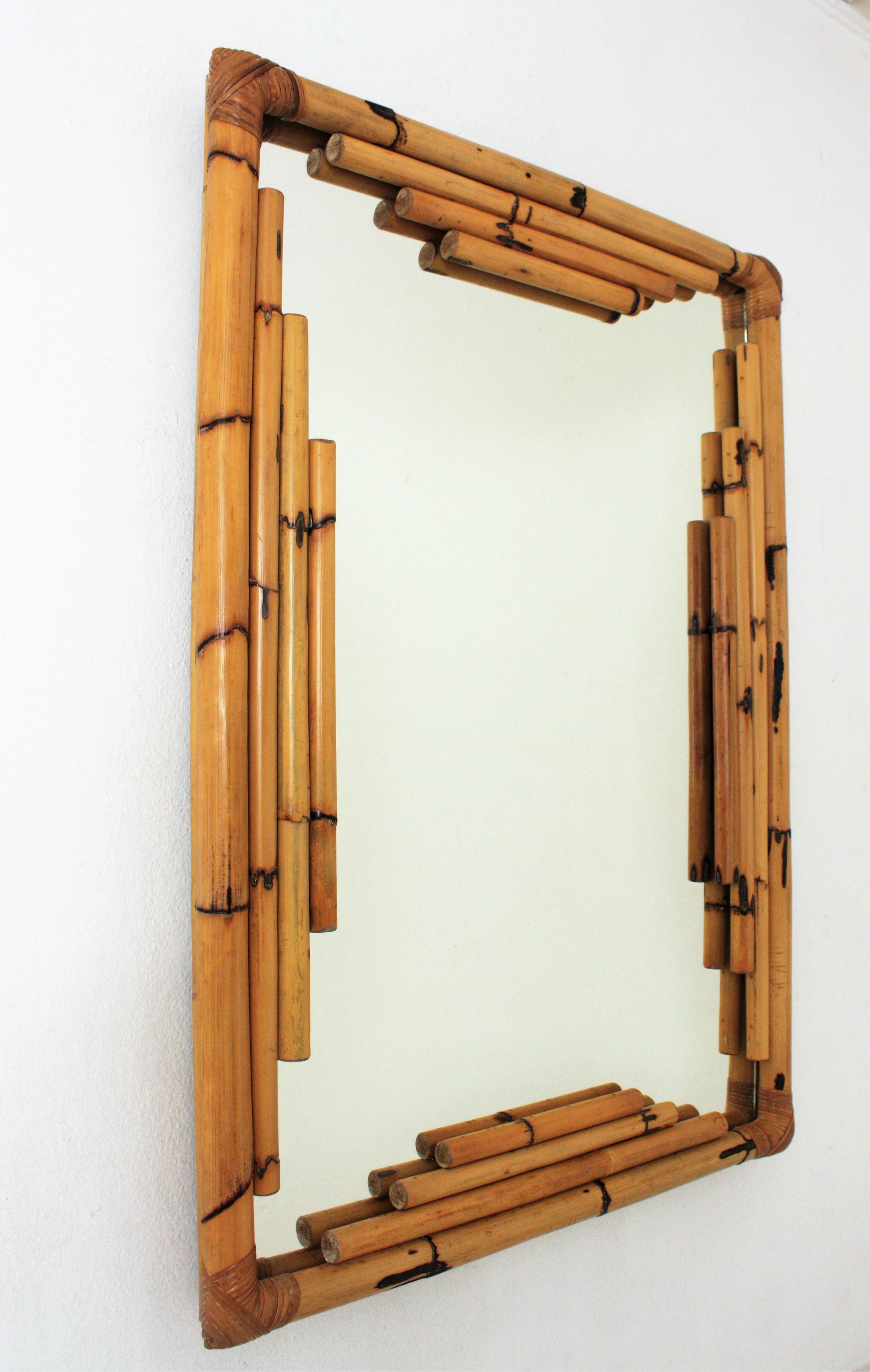 Mid-Century Modern Bamboo Rattan Large Rectangular Wall Mirror