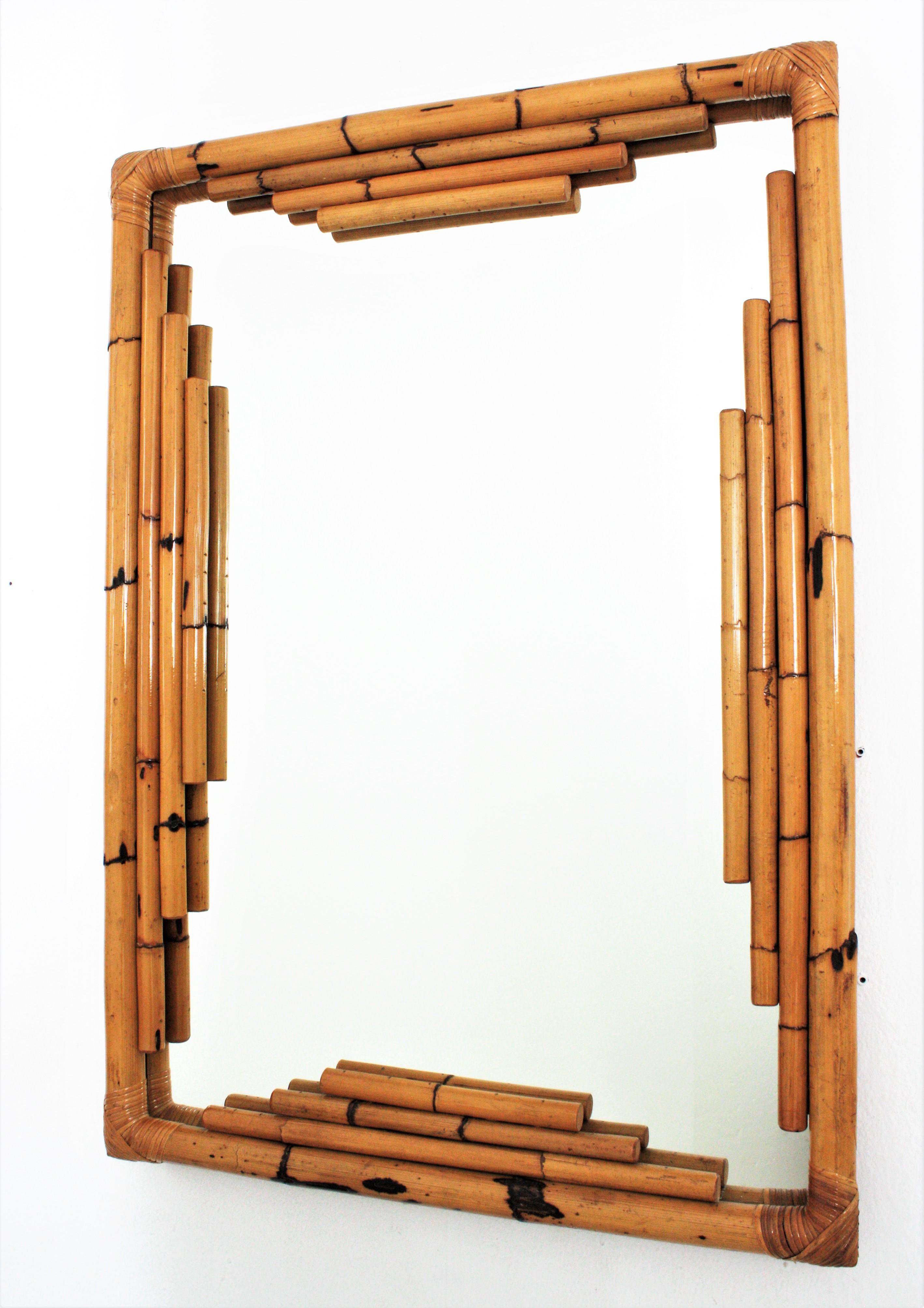20th Century Bamboo Rattan Large Rectangular Wall Mirror