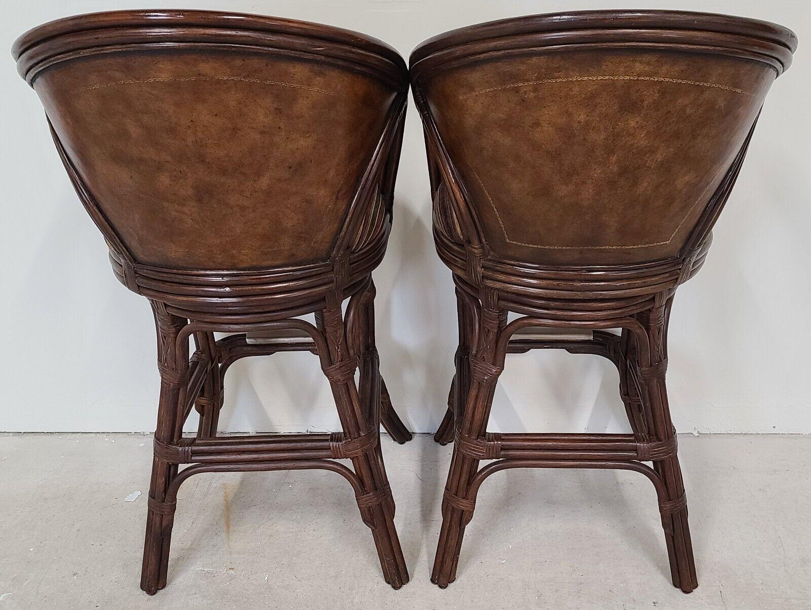 Bamboo Rattan Leather Swivel Barstools by Hooker For Sale 2