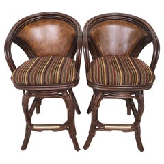 Vintage Bamboo Rattan Leather Swivel Barstools by Hooker