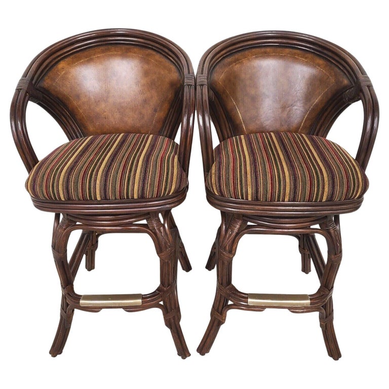 Bamboo Rattan Leather Swivel Barstools by Hooker For Sale