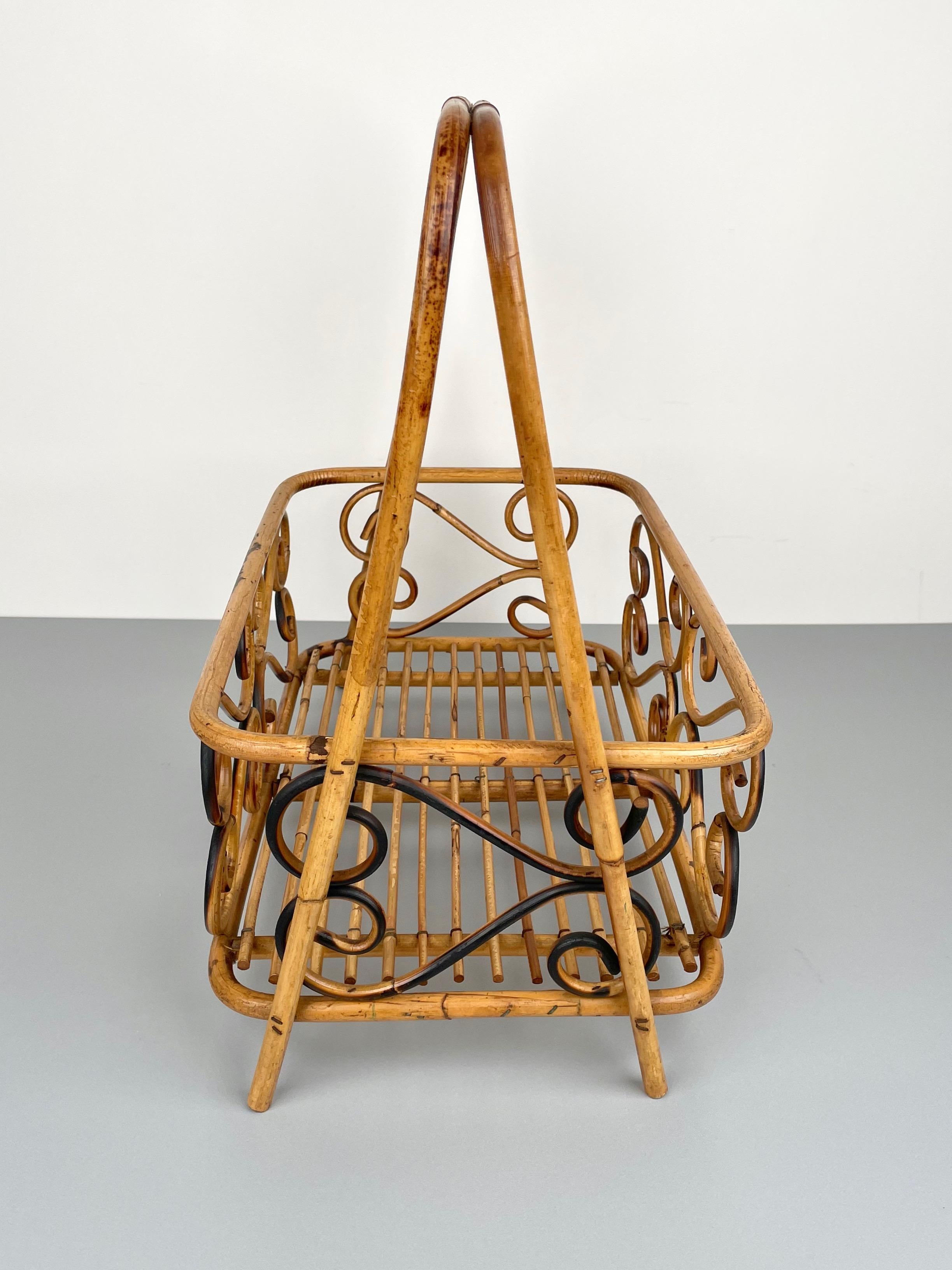 Bamboo & Rattan Magazine Rack Holder, Italy, 1960s For Sale 5