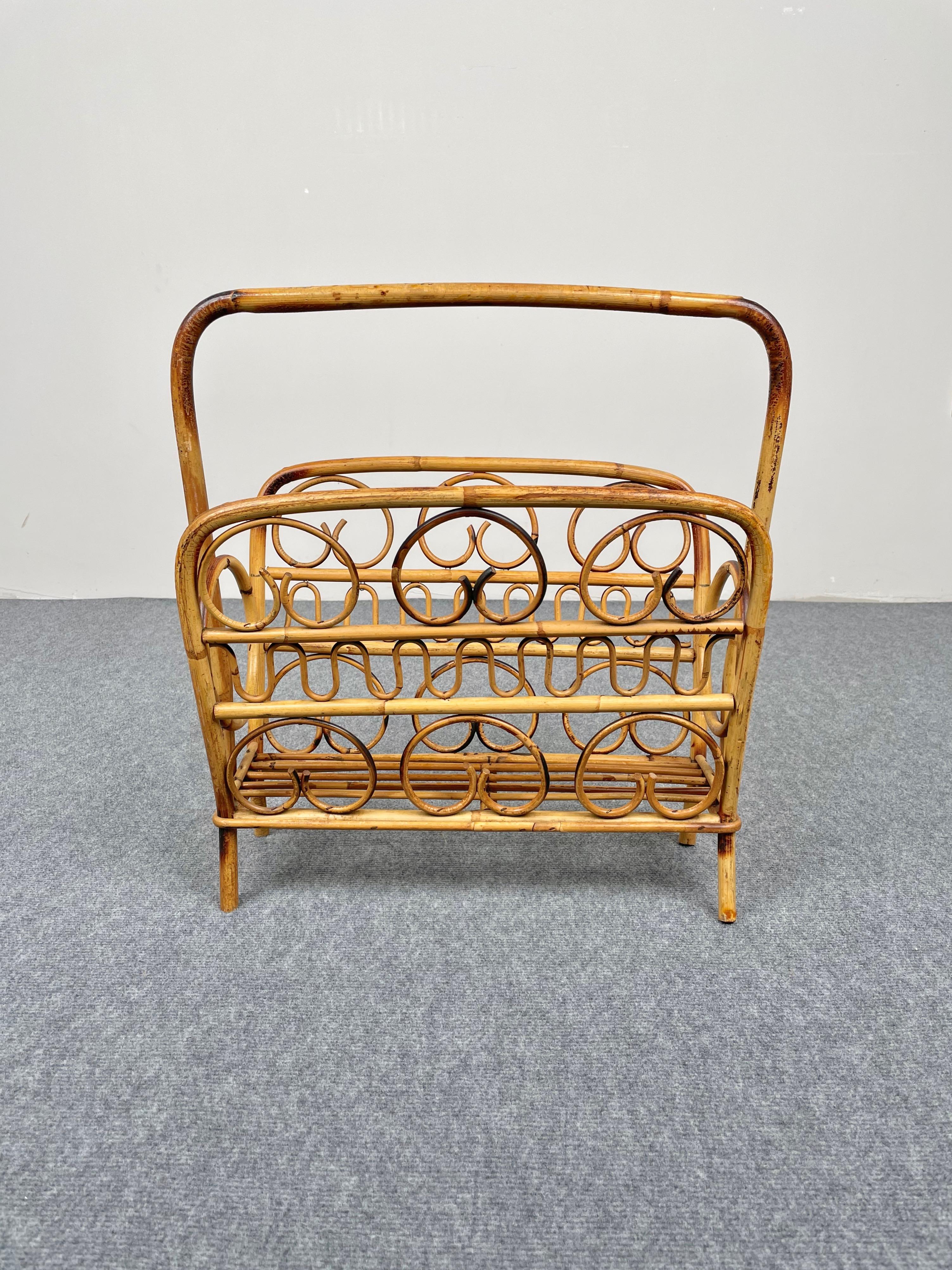 Magazine rack holder in bamboo & rattan made in Italy in the 1960s.