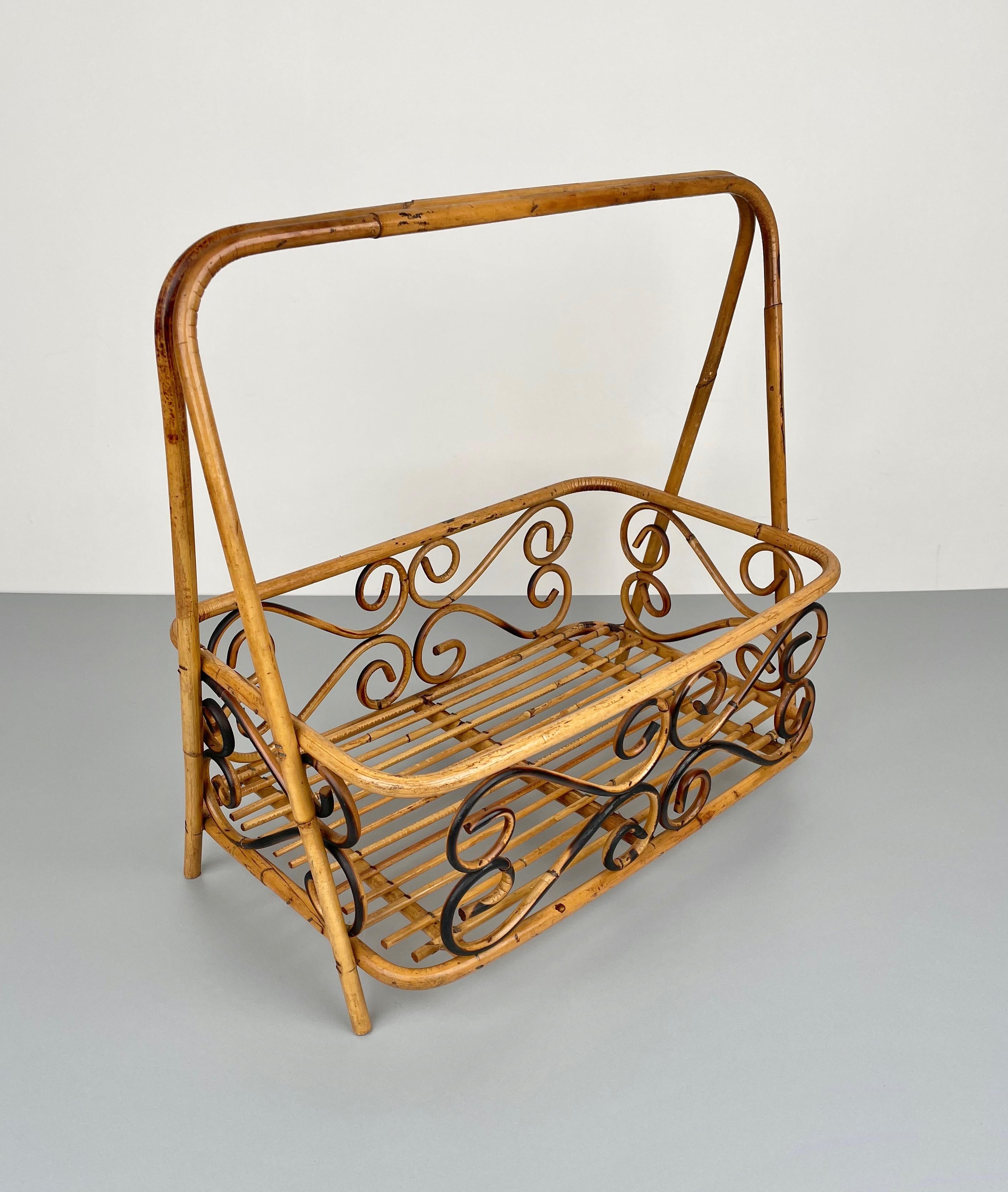 Italian Bamboo & Rattan Magazine Rack Holder, Italy, 1960s For Sale