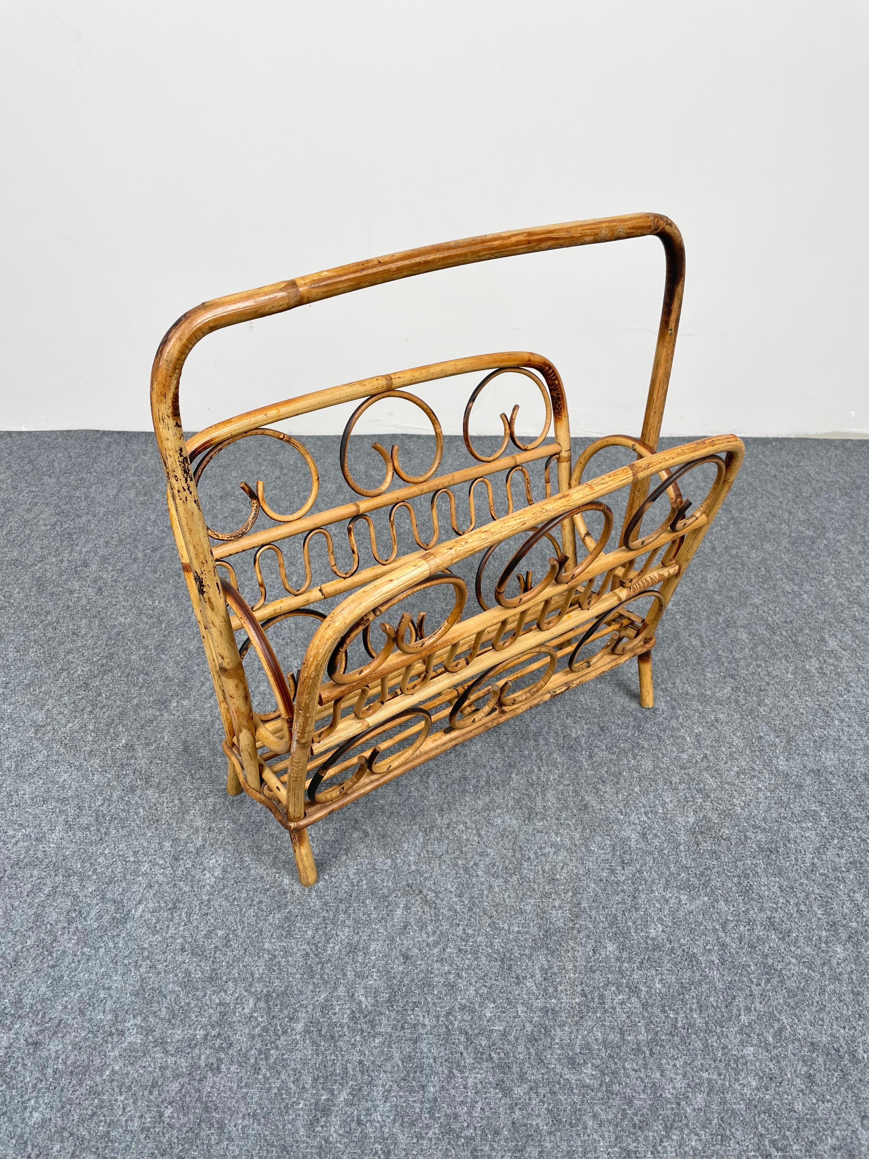 Bamboo & Rattan Magazine Rack Holder, Italy, 1960s In Good Condition In Rome, IT