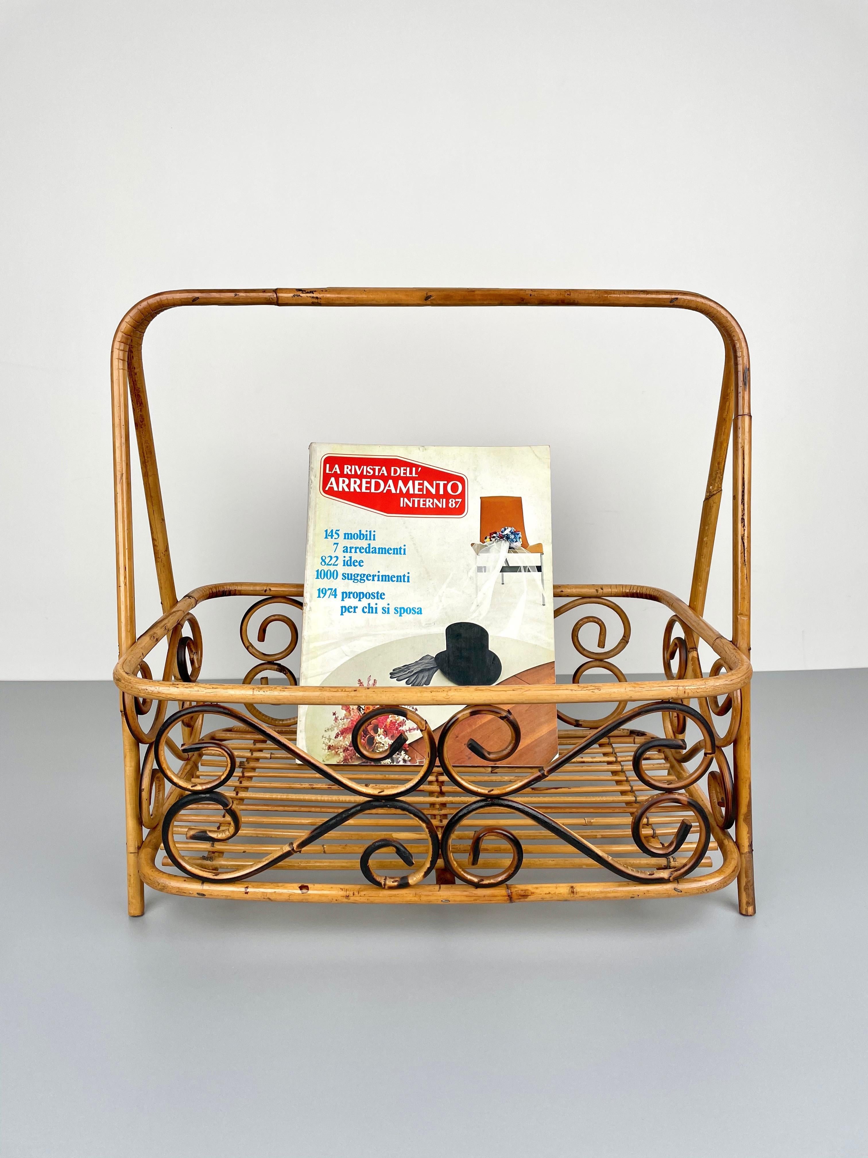 Mid-20th Century Bamboo & Rattan Magazine Rack Holder, Italy, 1960s For Sale