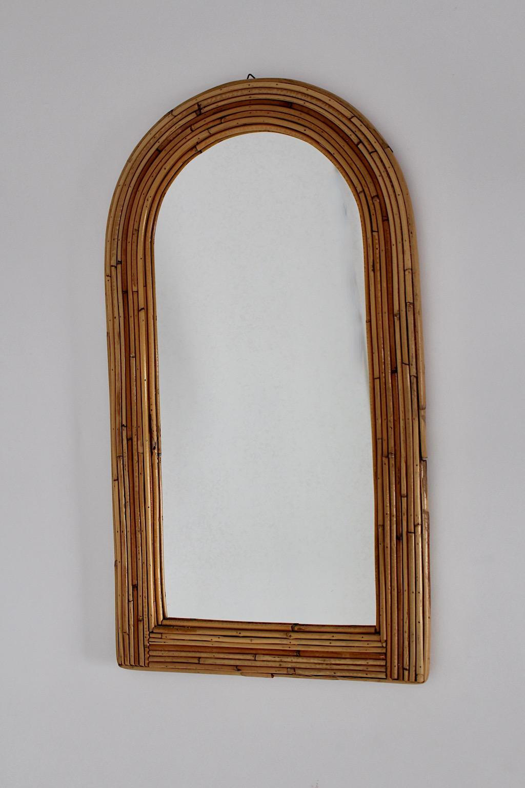 French Bamboo Rattan Mid Century Modern Vintage Wall Mirror 1970s France For Sale