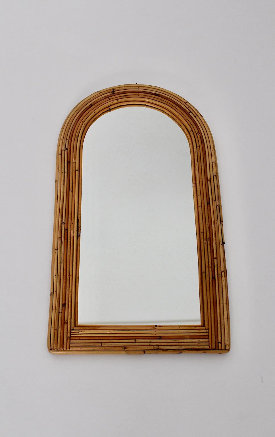 Bamboo Rattan Mid Century Modern Vintage Wall Mirror 1970s France For Sale 1