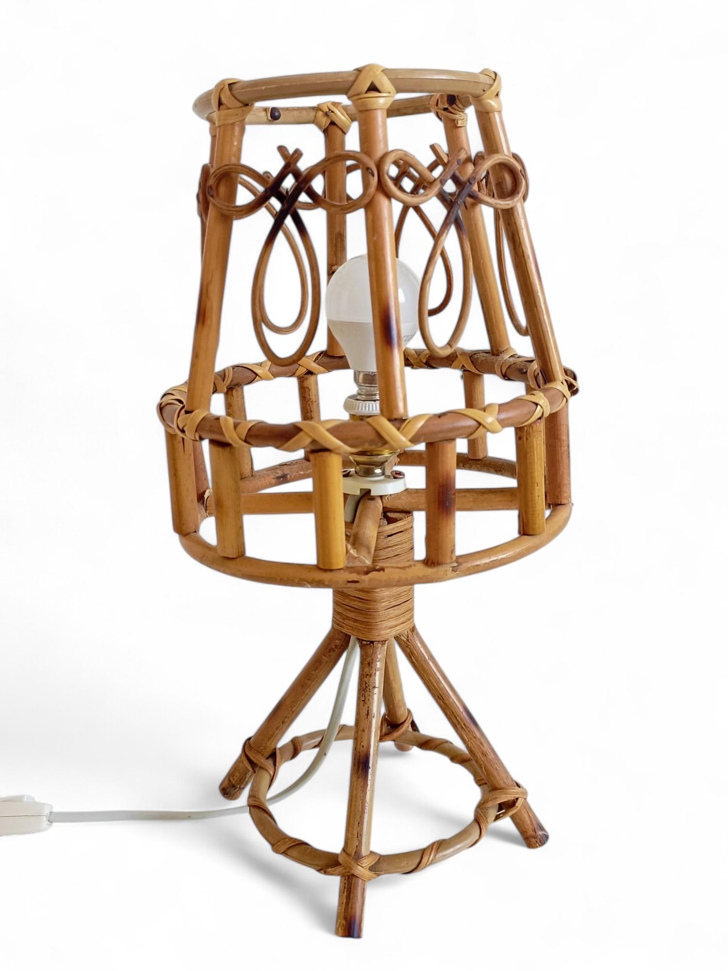 Spanish Bamboo Rattan Mid-Century Table Lamp in The Style of Louis Sognot, c. 1960 For Sale
