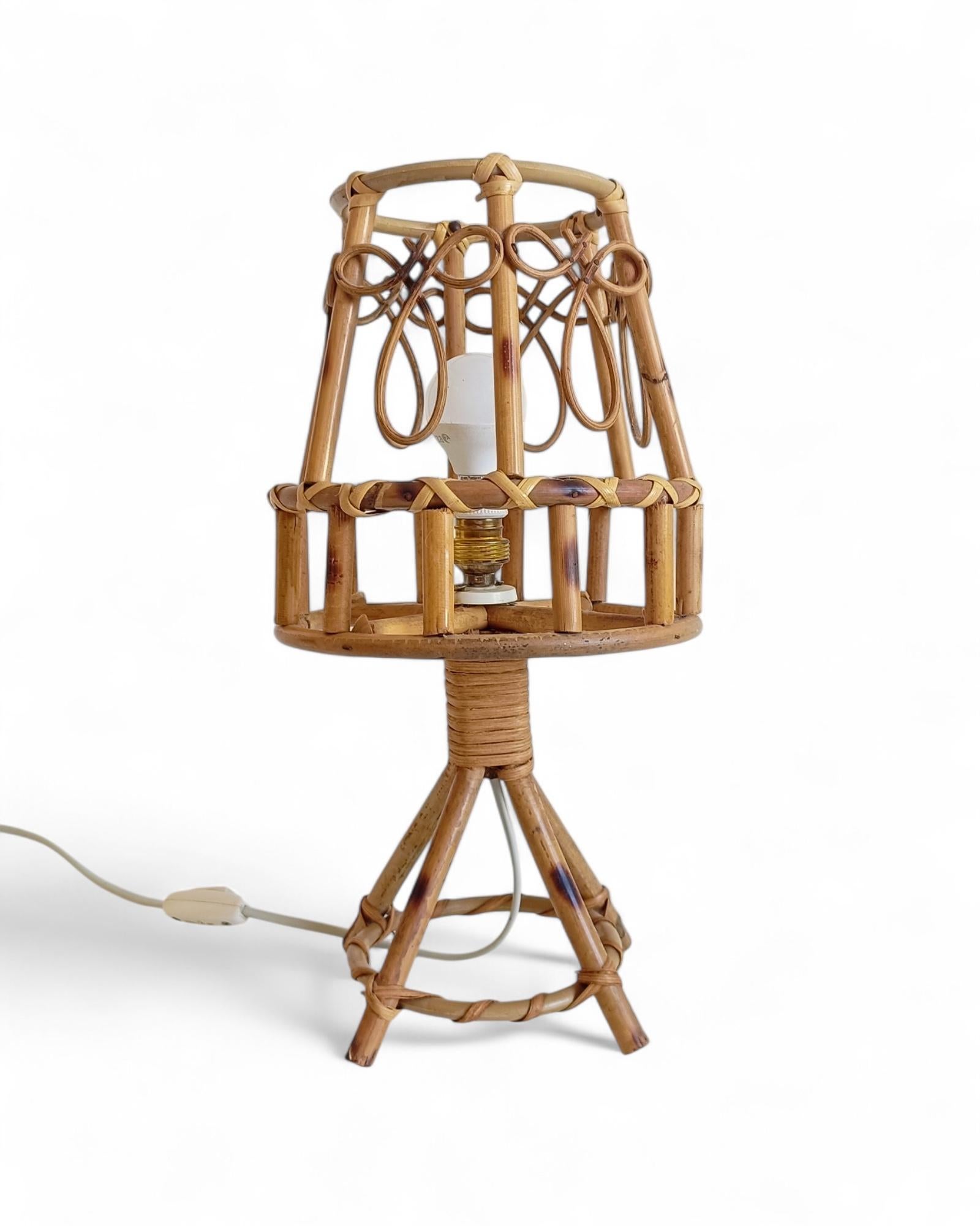 Hand-Crafted Bamboo Rattan Mid-Century Table Lamp in The Style of Louis Sognot, c. 1960 For Sale