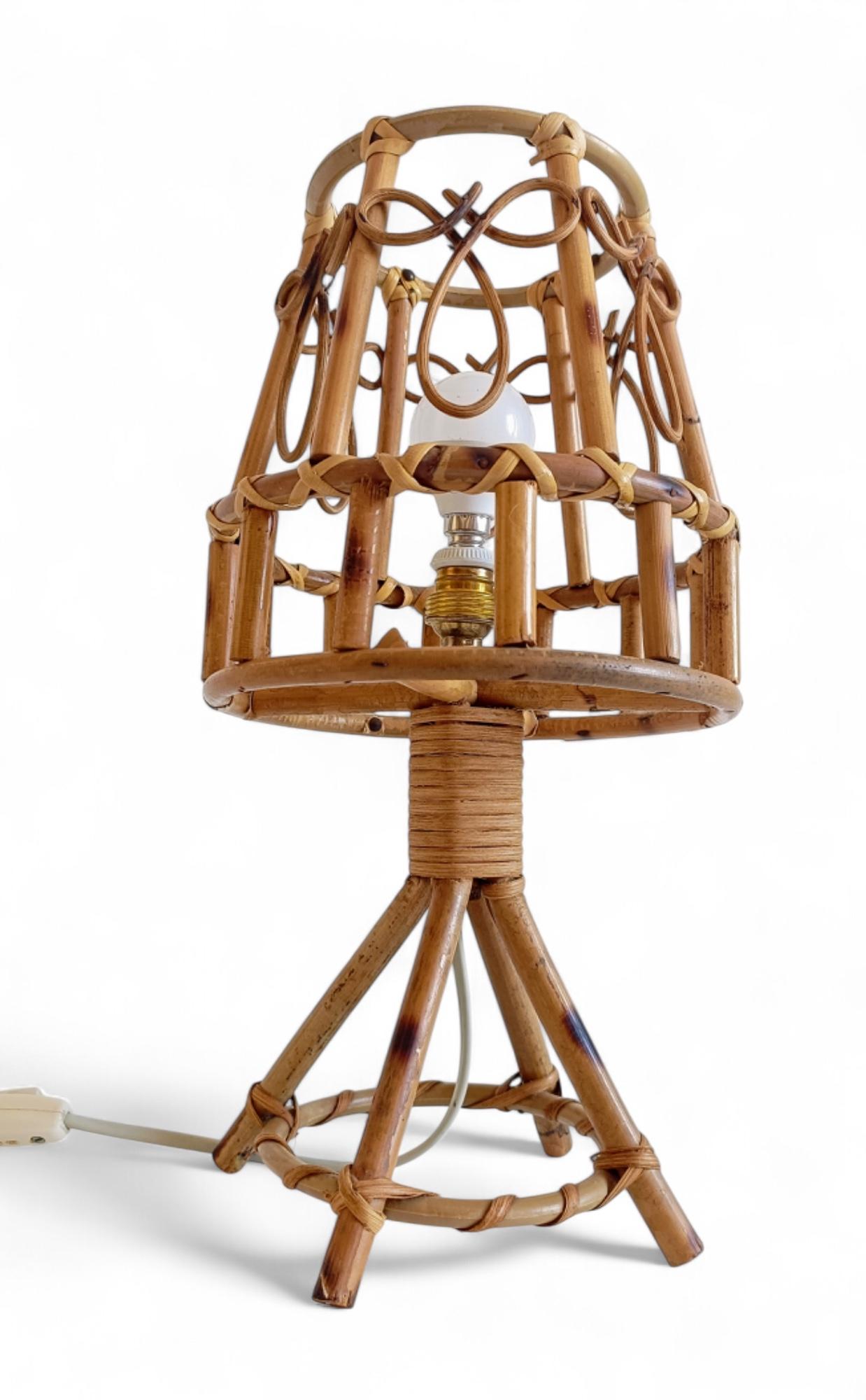 Mid-20th Century Bamboo Rattan Mid-Century Table Lamp in The Style of Louis Sognot, c. 1960 For Sale