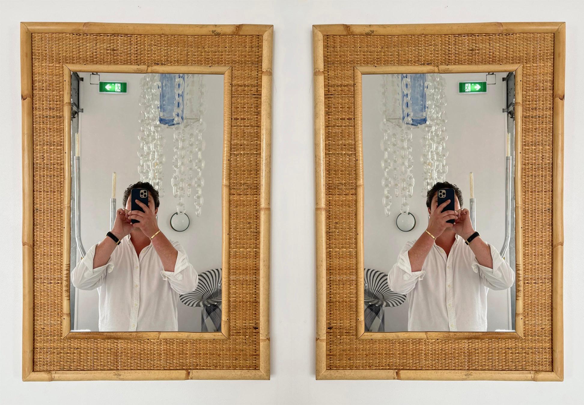 Mid-Century Modern Bamboo Rattan Mirror by Dal Vera, Italy, 1970s For Sale