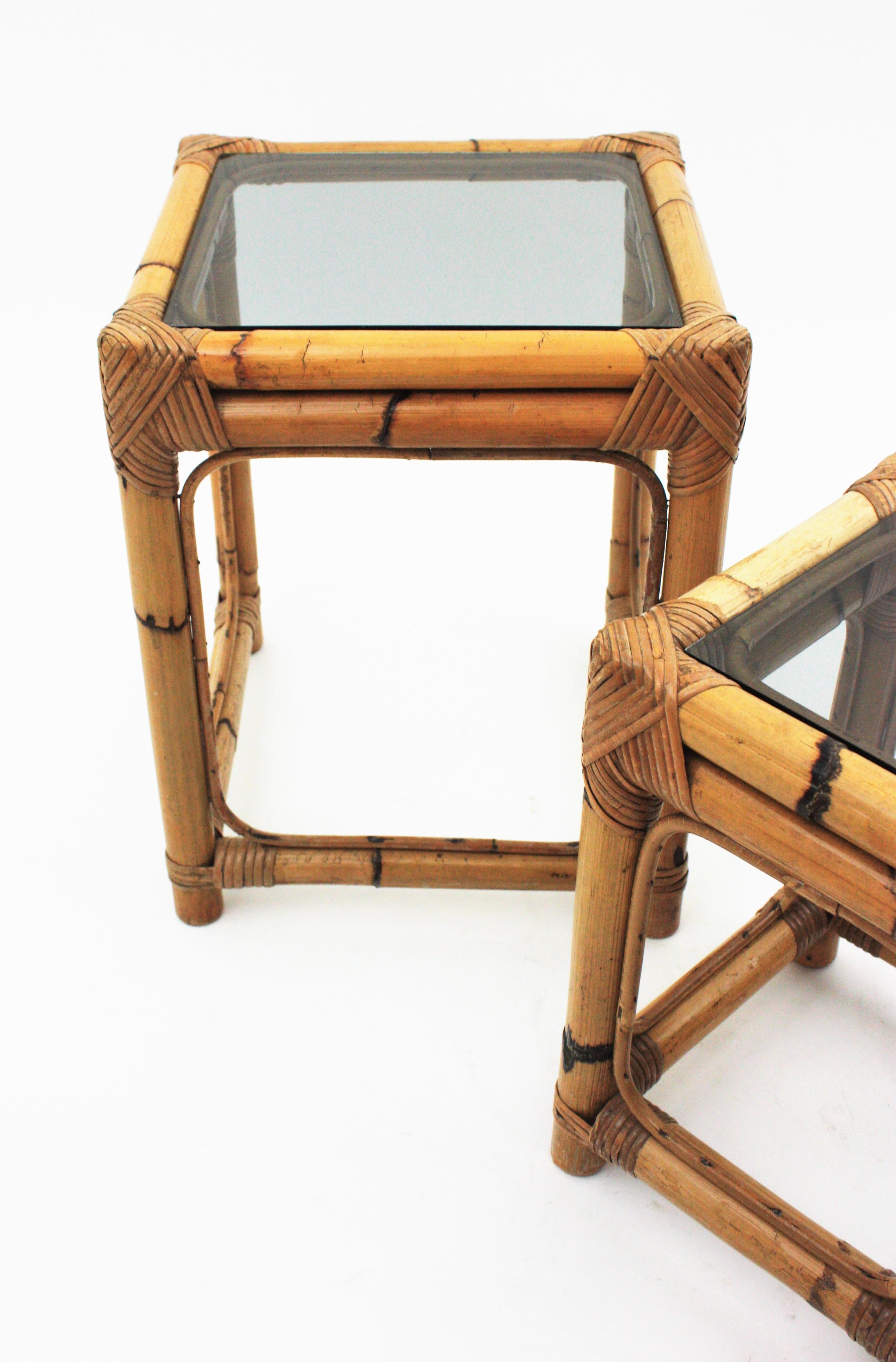 Bamboo Rattan Nesting Tables with Smoked Glass Top For Sale 5
