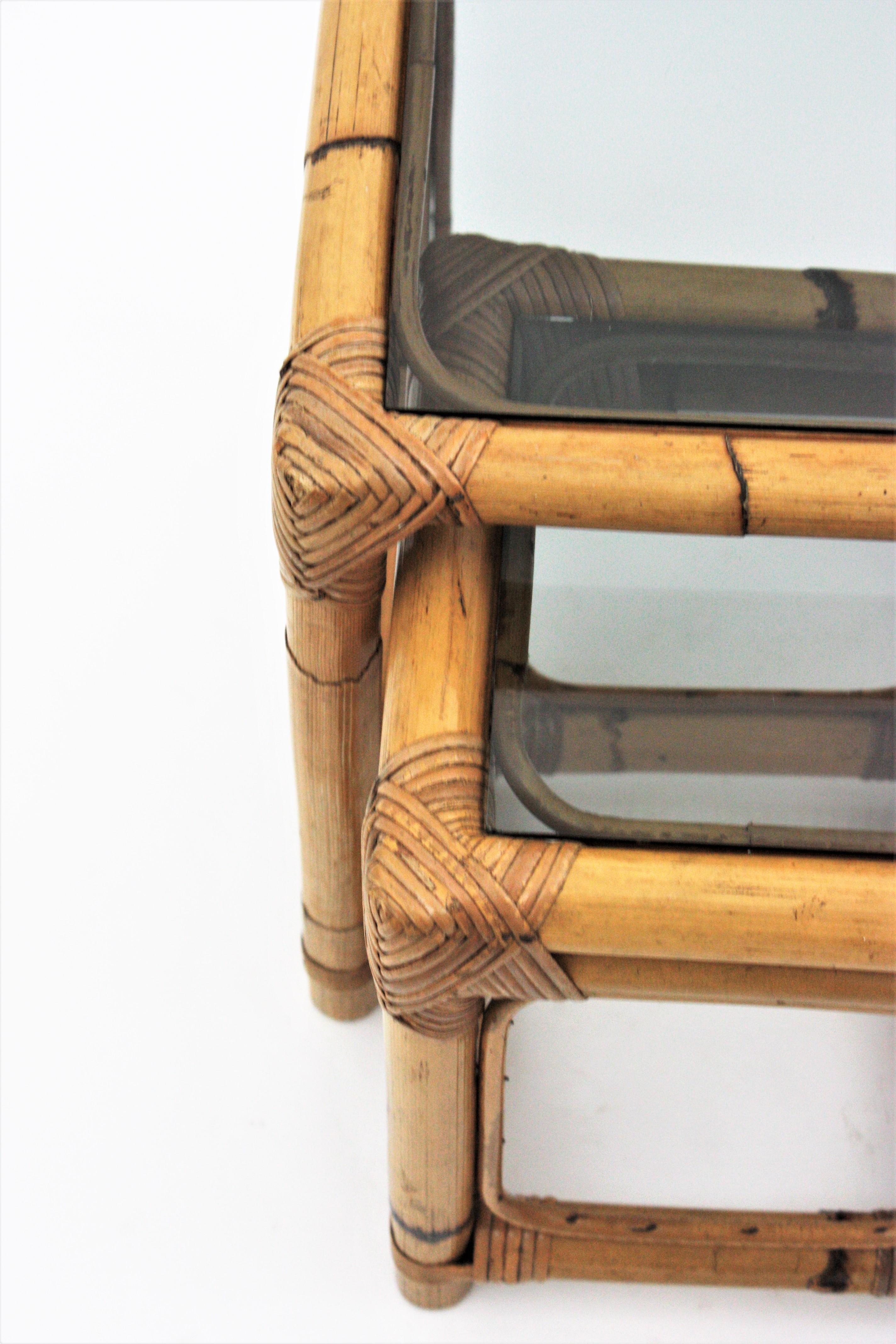 Bamboo Rattan Nesting Tables with Smoked Glass Top For Sale 7