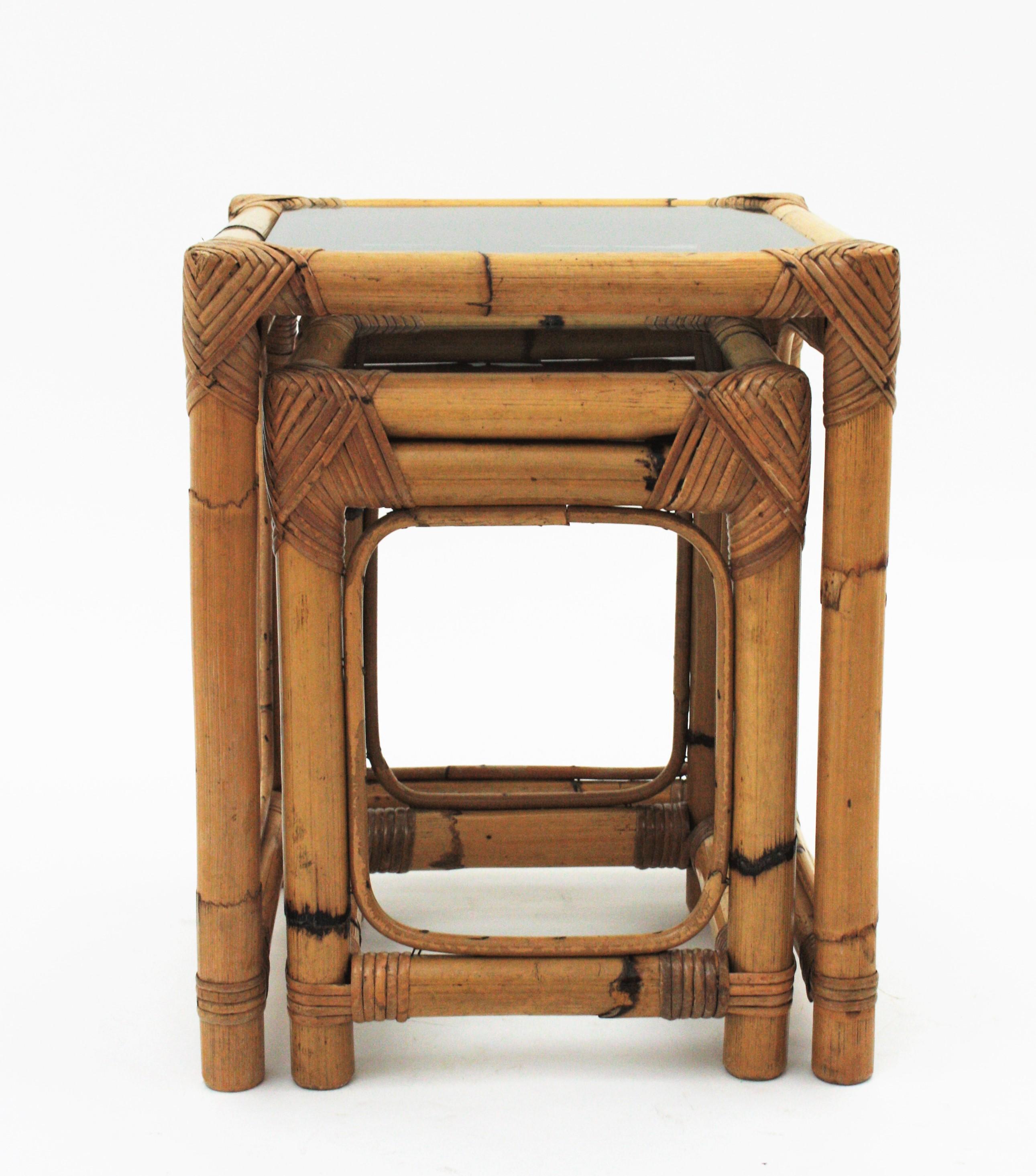 Bamboo Rattan Nesting Tables with Smoked Glass Top For Sale 9