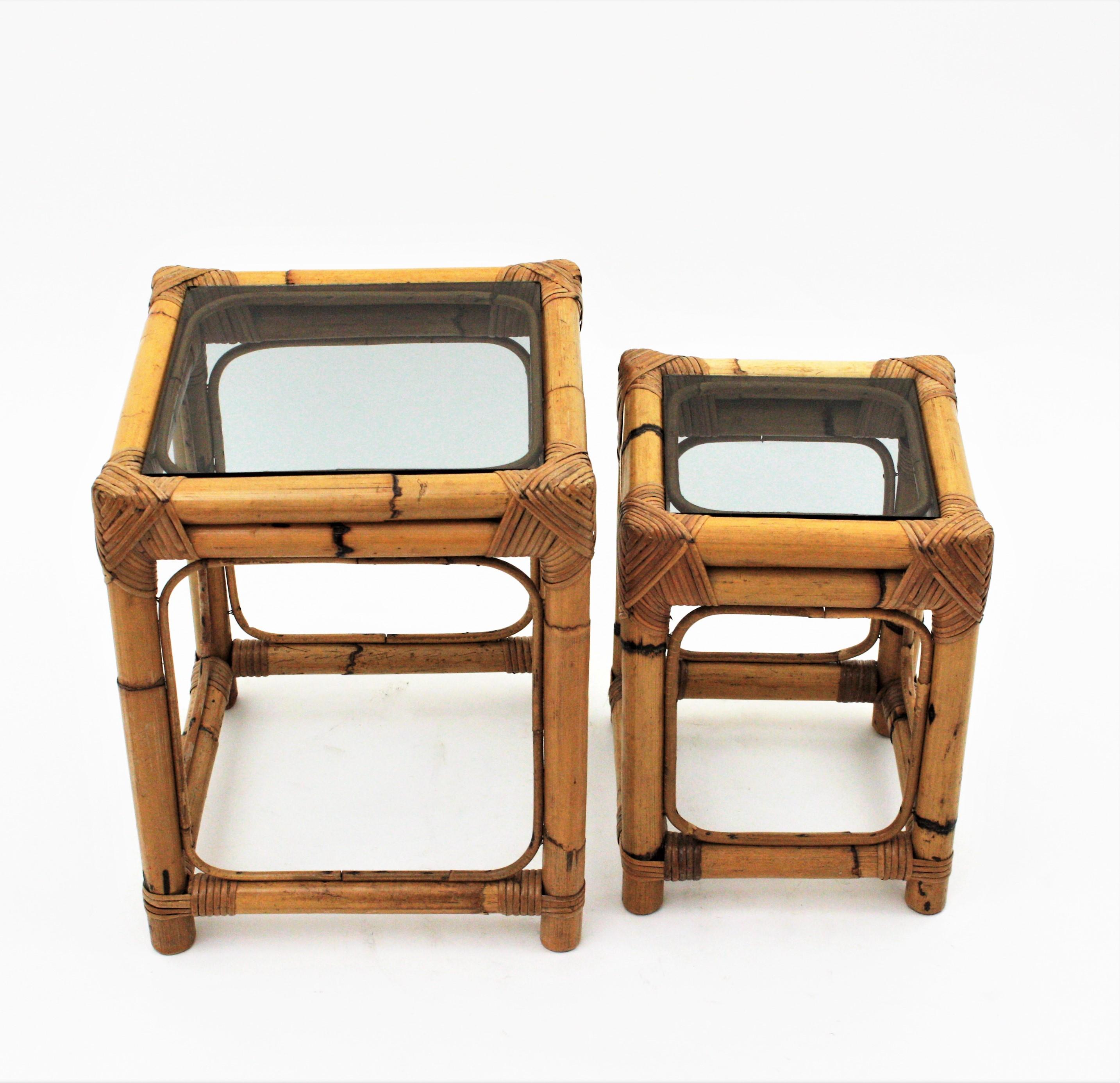 Spanish Bamboo Rattan Nesting Tables with Smoked Glass Top For Sale