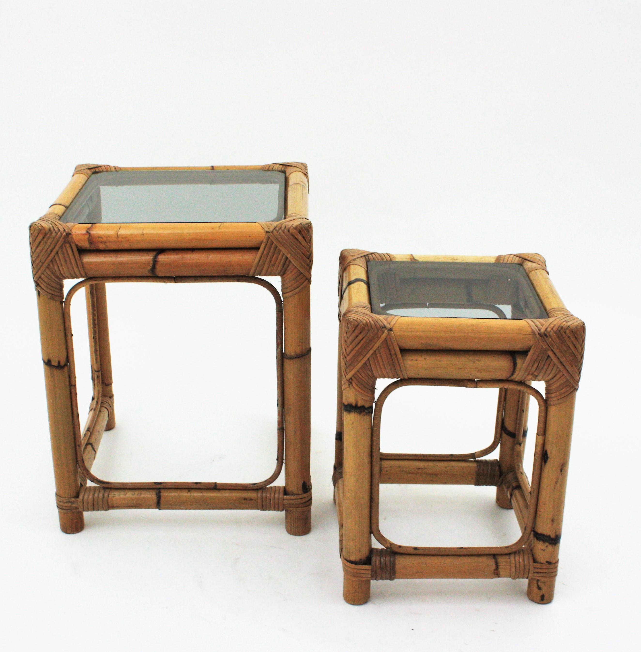 Bamboo Rattan Nesting Tables with Smoked Glass Top For Sale 3