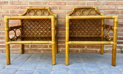 Bamboo & Rattan Nightstands With Low Glass Shelves, Italy, 1960s, Set Of 2