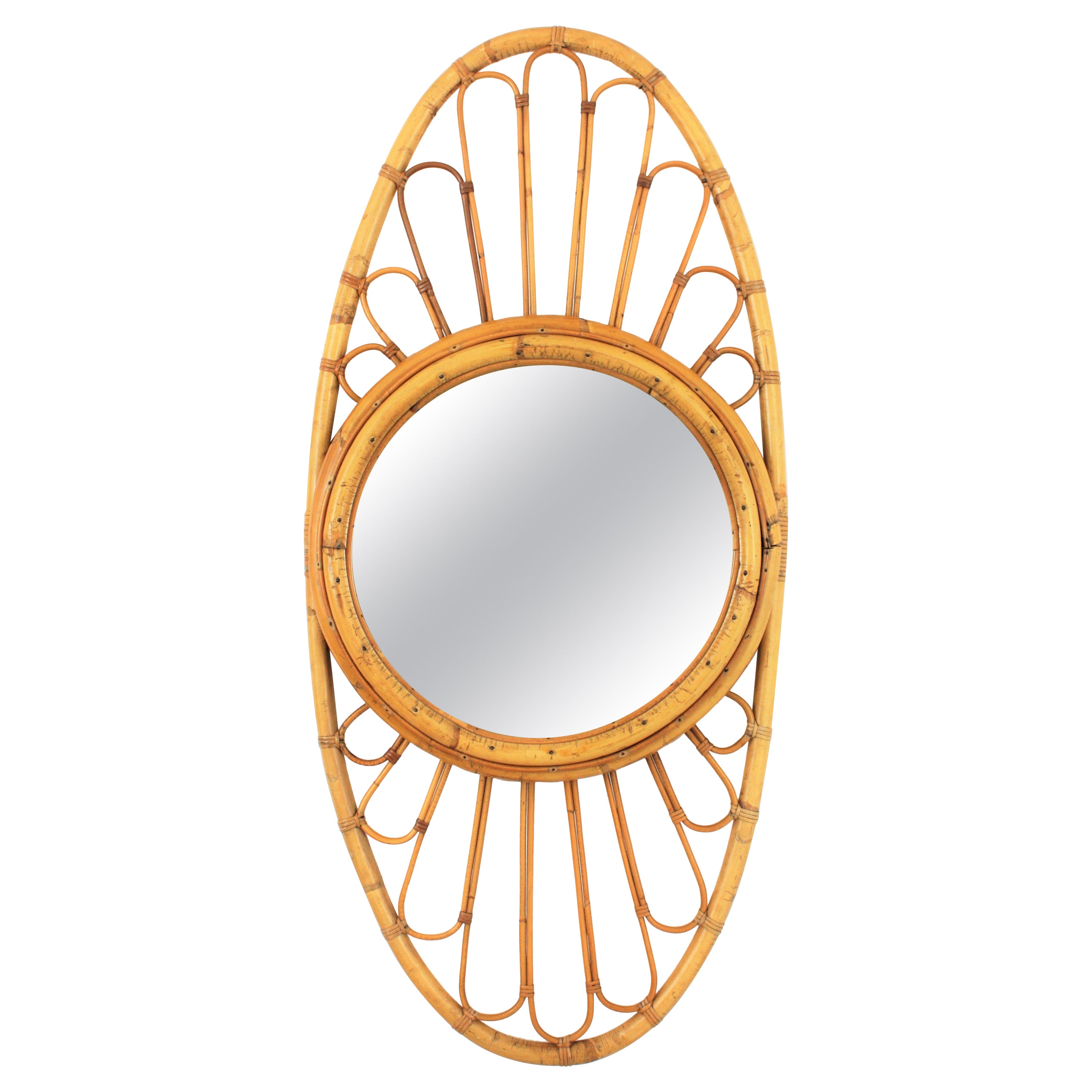 Miroir ovale en bambou et rotin, Espagne, années 1960 en vente