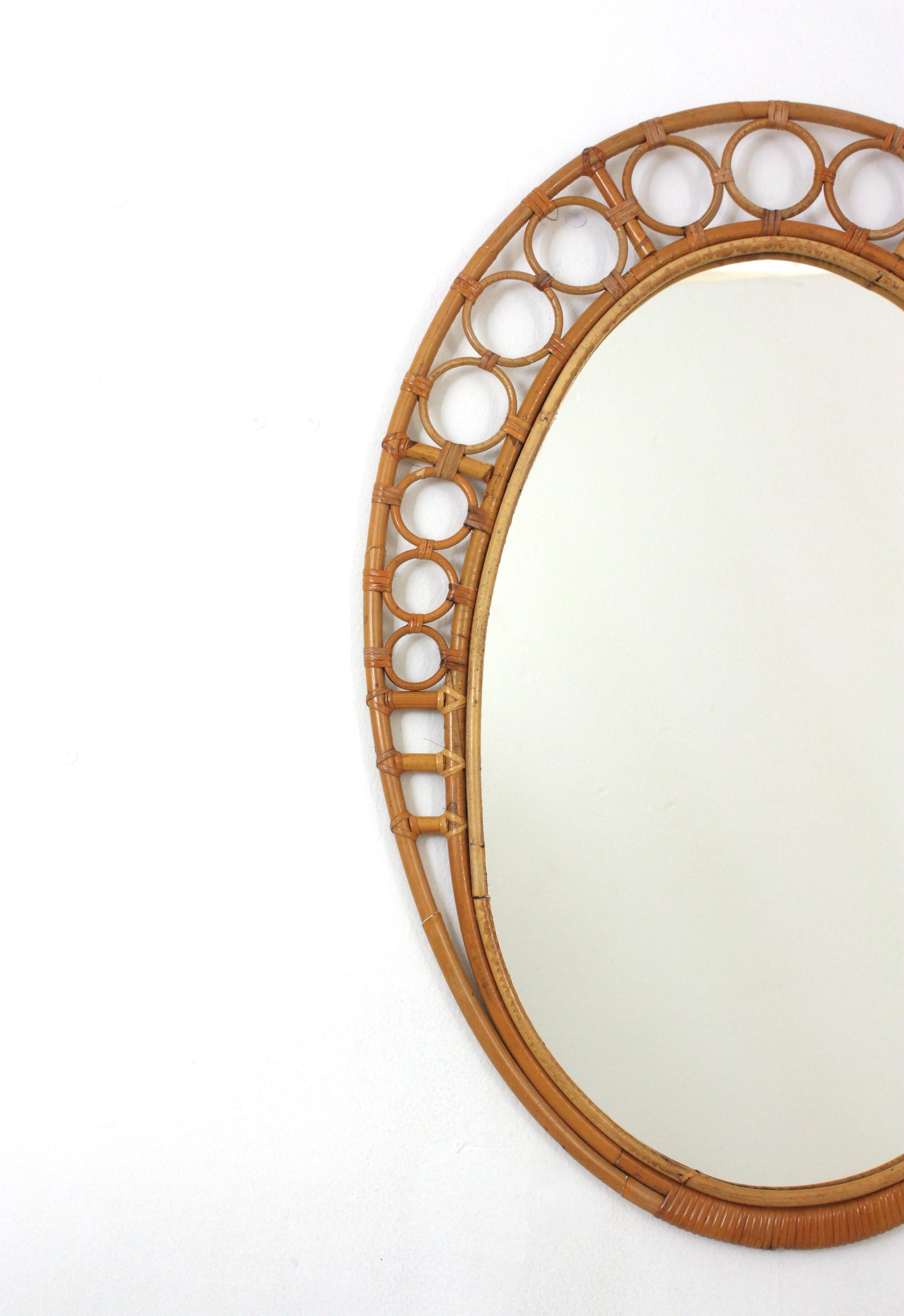 Mid-Century Modern Bamboo Rattan Oval Mirror with Rings Frame, 1960s For Sale