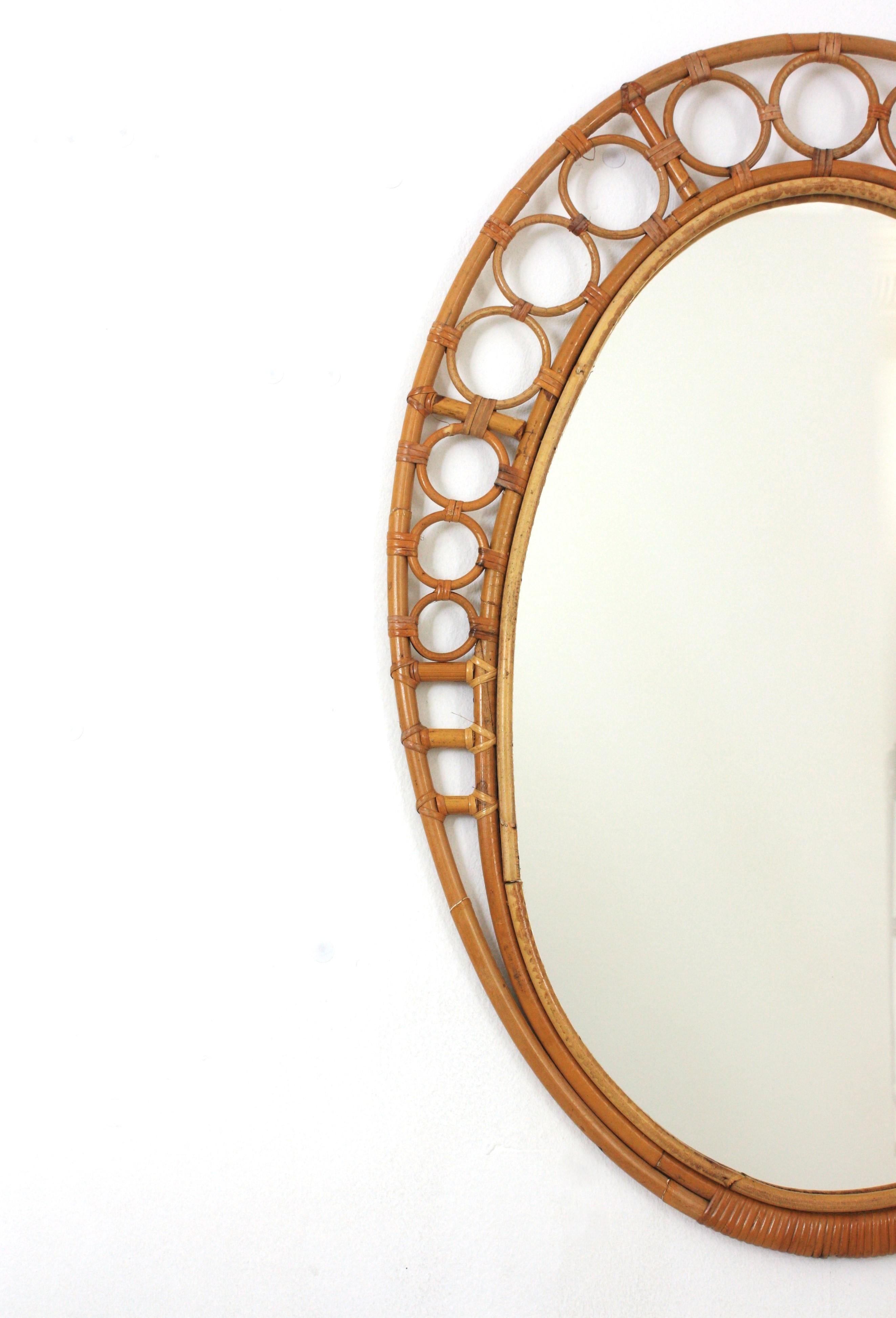 Bamboo Rattan Oval Mirror with Rings Frame, 1960s For Sale 1