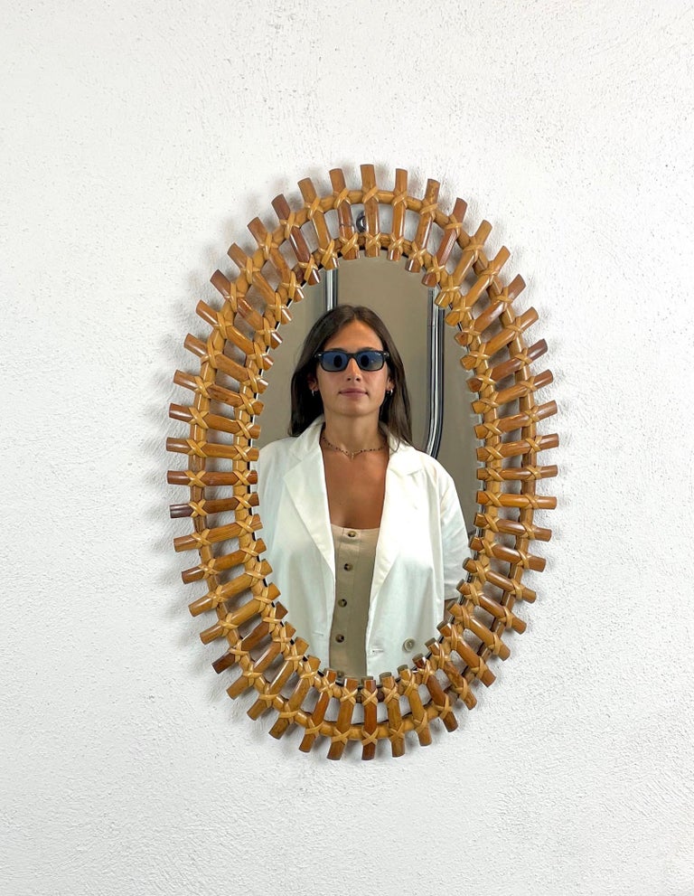 Mid-Century Modern Bamboo & Rattan Oval Wall Mirror, Italy, 1960s For Sale