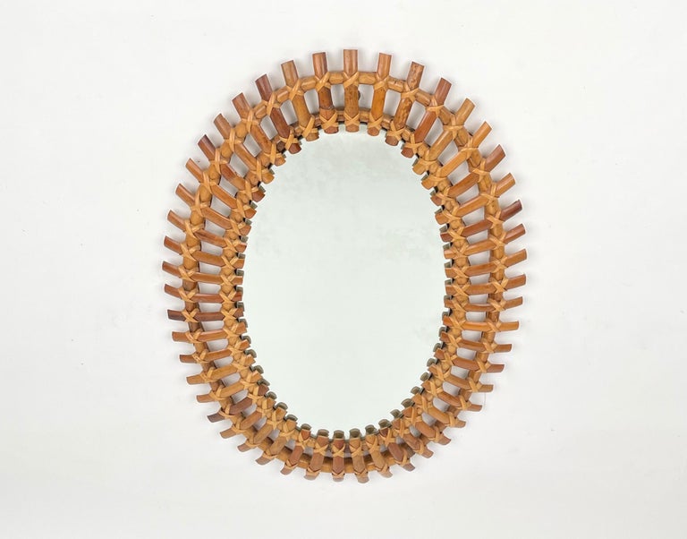 Italian Bamboo & Rattan Oval Wall Mirror, Italy, 1960s For Sale